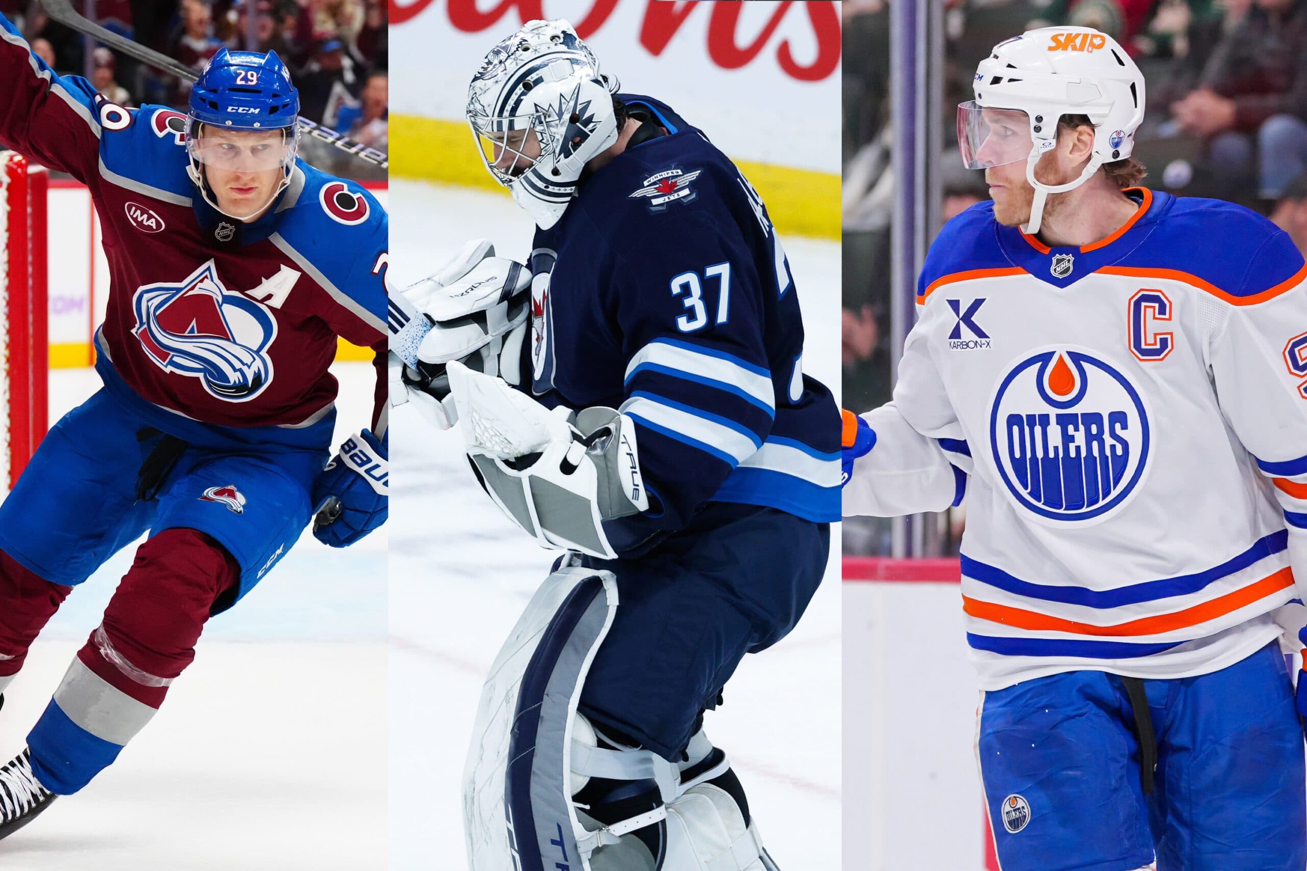 Nathan Mackinnon, Connor Hellebuyck and Connor McDavid (Imagn Images)