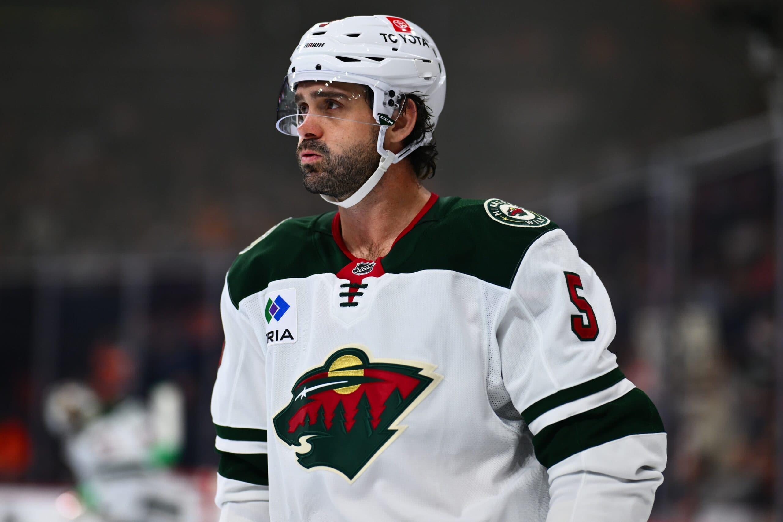 Minnesota Wild defenseman Jake Middleton (5) looks on against the Philadelphia Flyers in the first period at Wells Fargo Center.