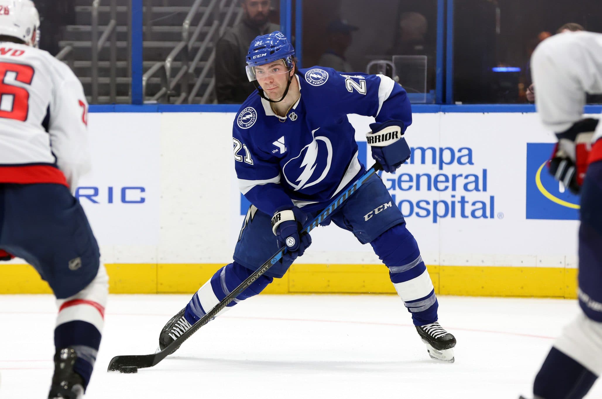 Tampa Bay Lightning center Brayden Point (21) passes the puck against the Washington Capitals during the first period at Amalie Arena.