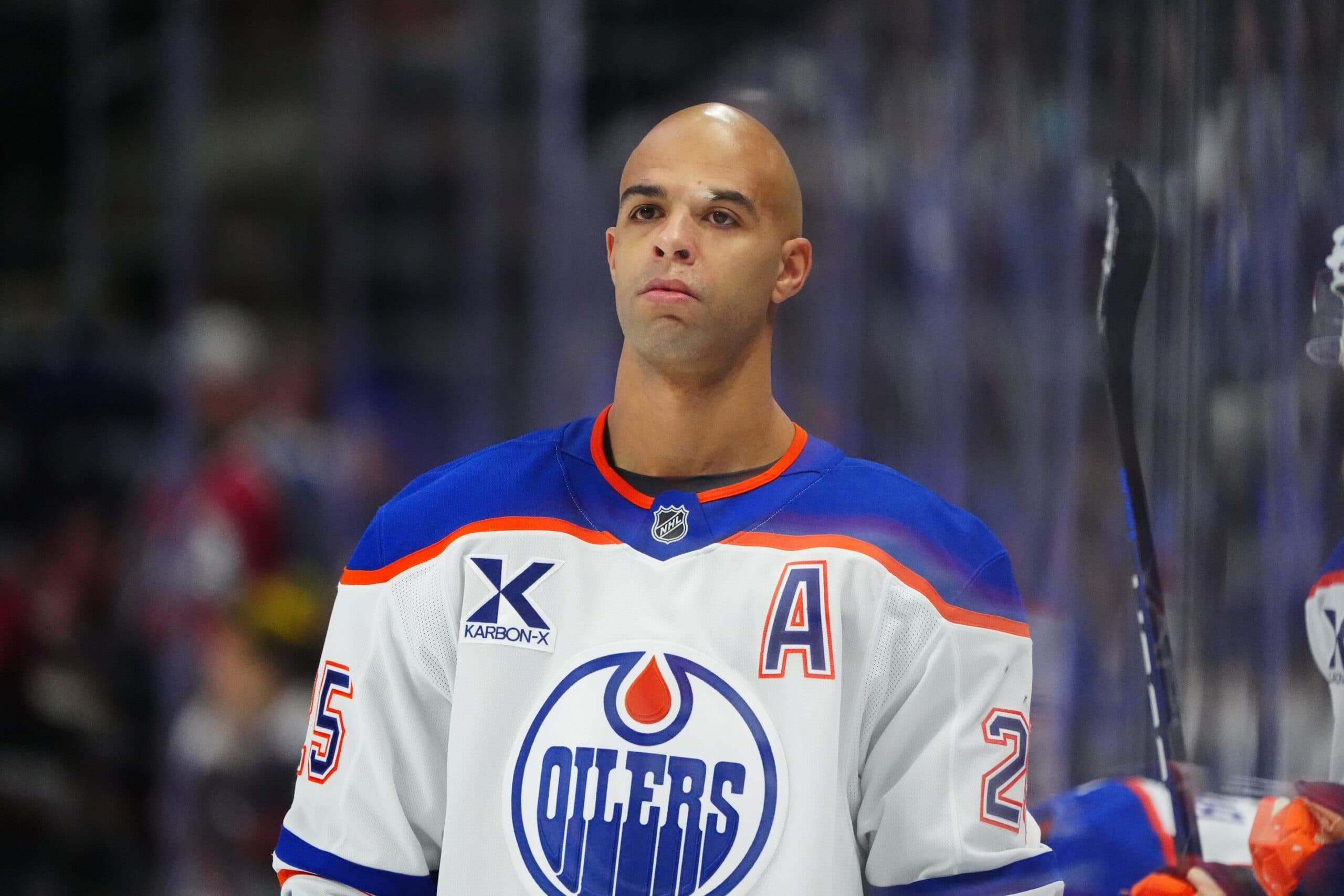 Edmonton Oilers defenseman Darnell Nurse (25) before the game against the Colorado Avalanche at Ball Arena.