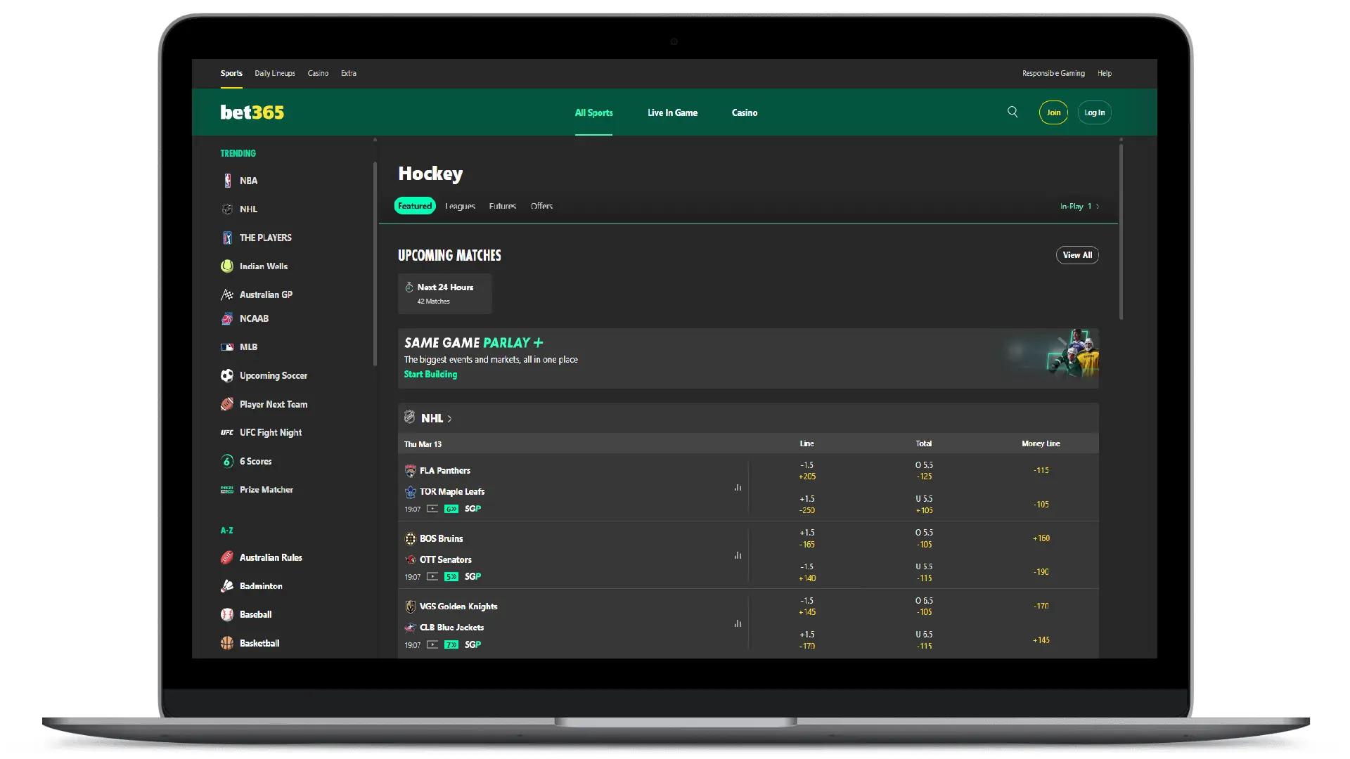 Hockey Odds on bet365 Ontario Desktop Platform