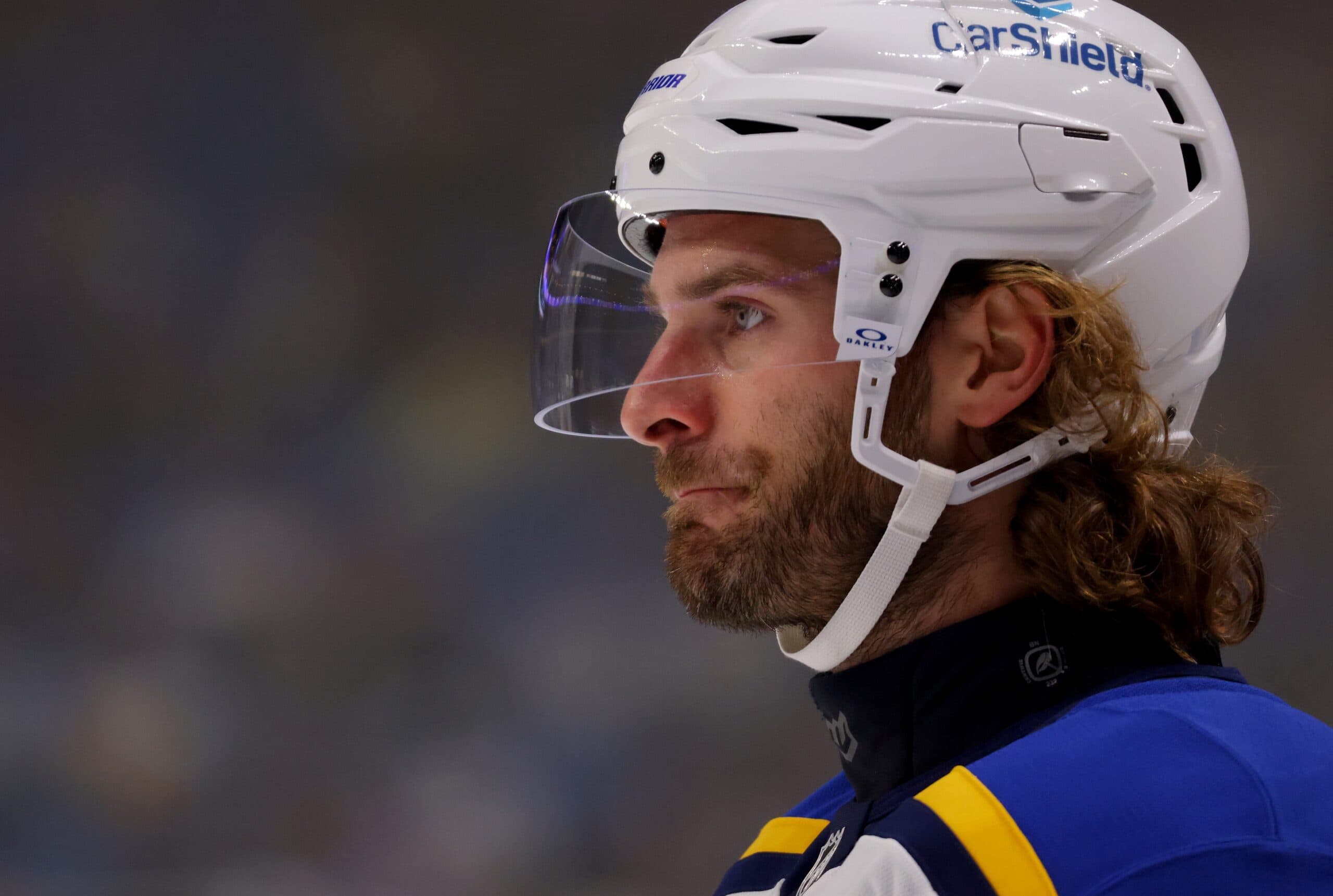 St. Louis Blues left wing Brandon Saad (20) waits for the faceoff during the first period against the Buffalo Sabres at KeyBank Center.