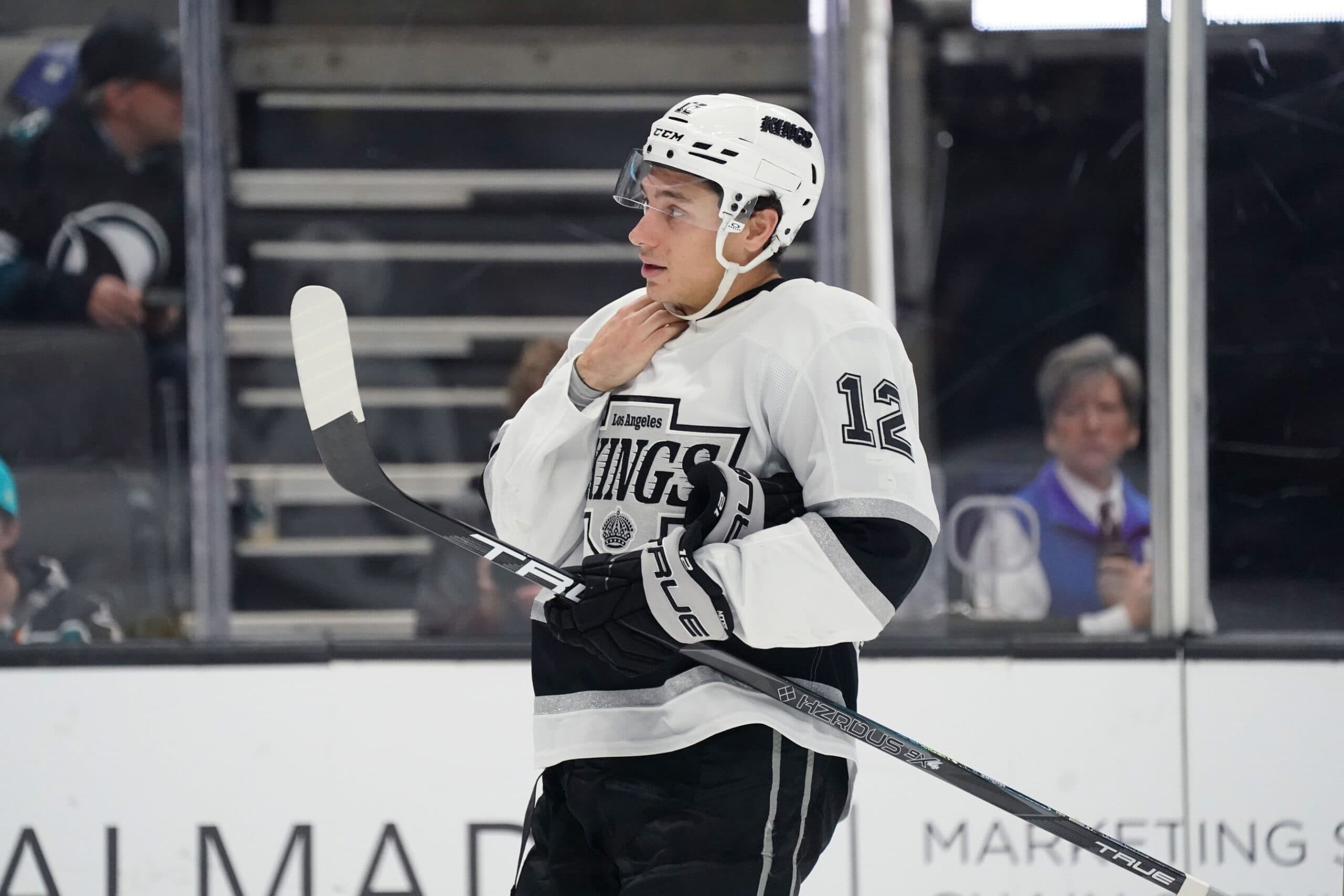 Los Angeles Kings left winger Trevor Moore (12) waits for the action to restart against the San Jose Sharks in the second period at SAP Center at San Jose.