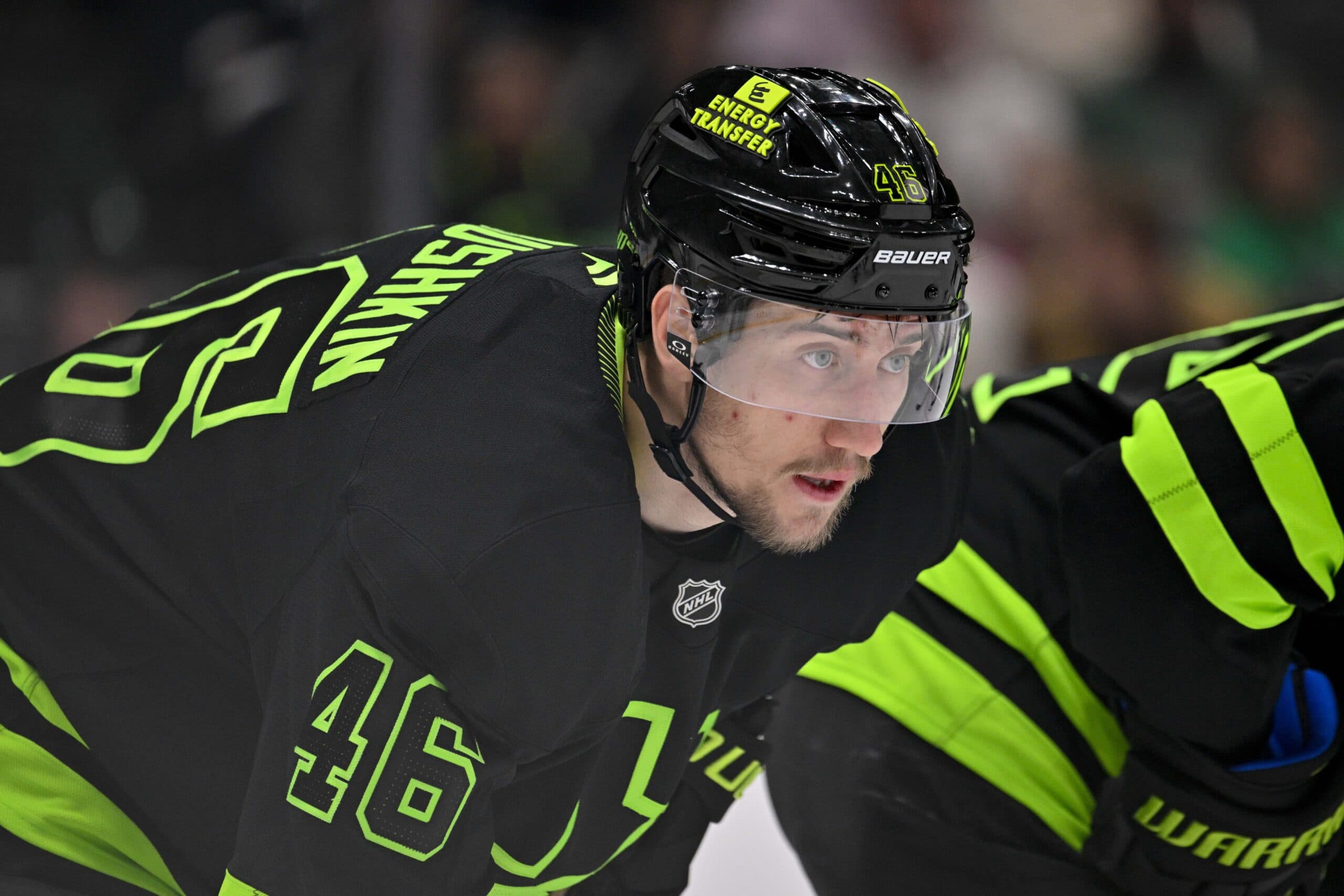 Dallas Stars defenseman Ilya Lyubushkin (46) in action during the game between the Dallas Stars and the Colorado Avalanche at American Airlines Center.