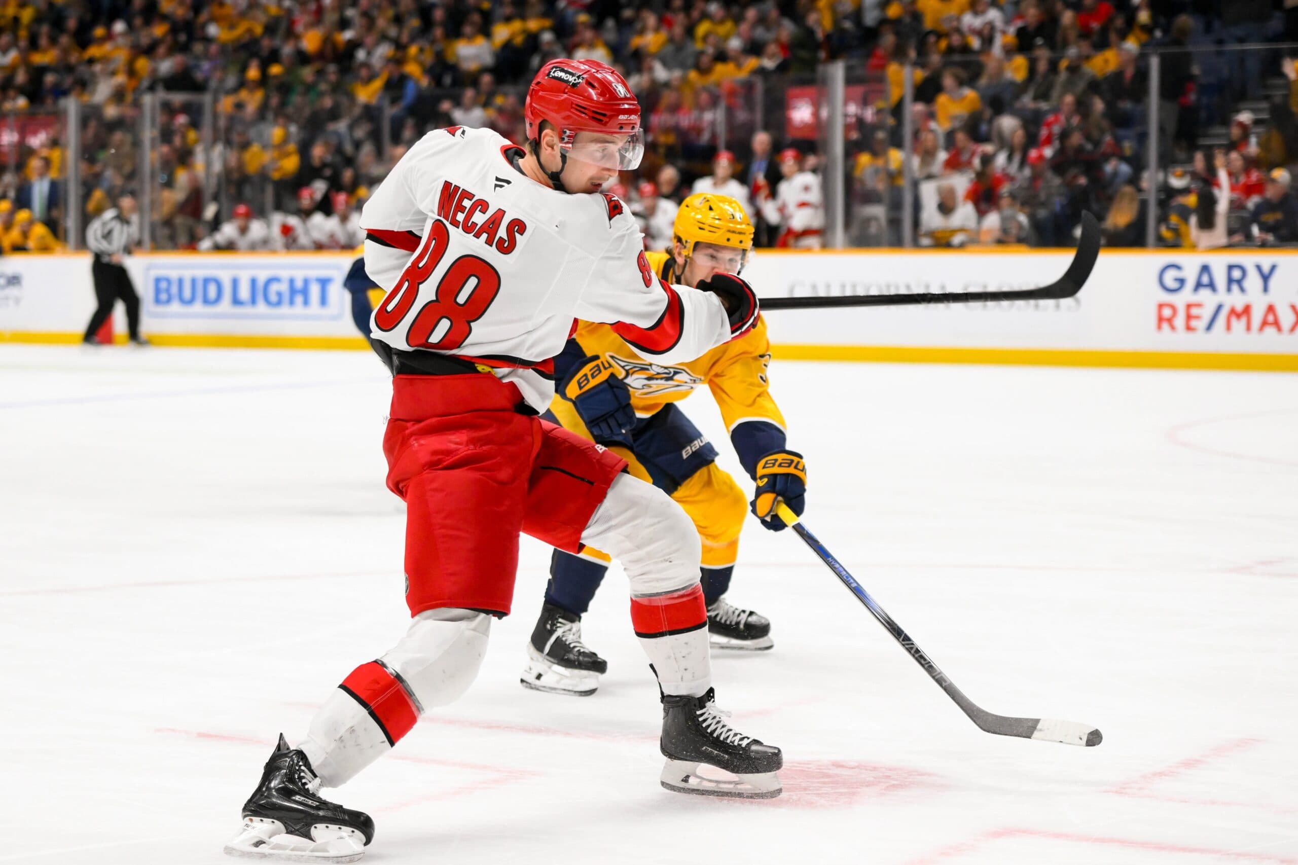Carolina Hurricanes center Martin Necas (88) takes a shot on goal against the Nashville Predators during the second period at Bridgestone Arena.
