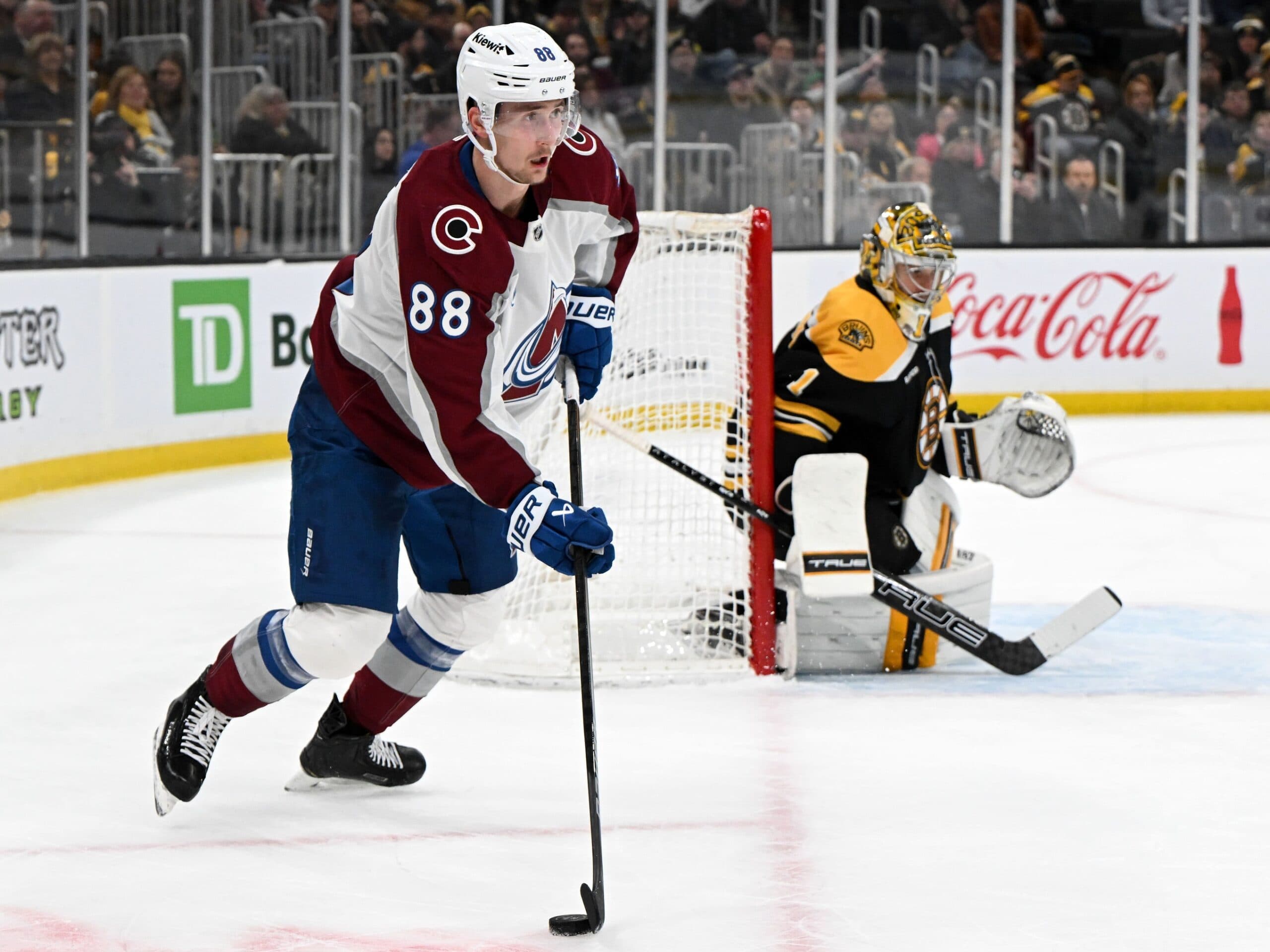 Colorado Avalanche forward Martin Necas (88) skates with the puck against the Boston Bruins during the second period at the TD Garden.
