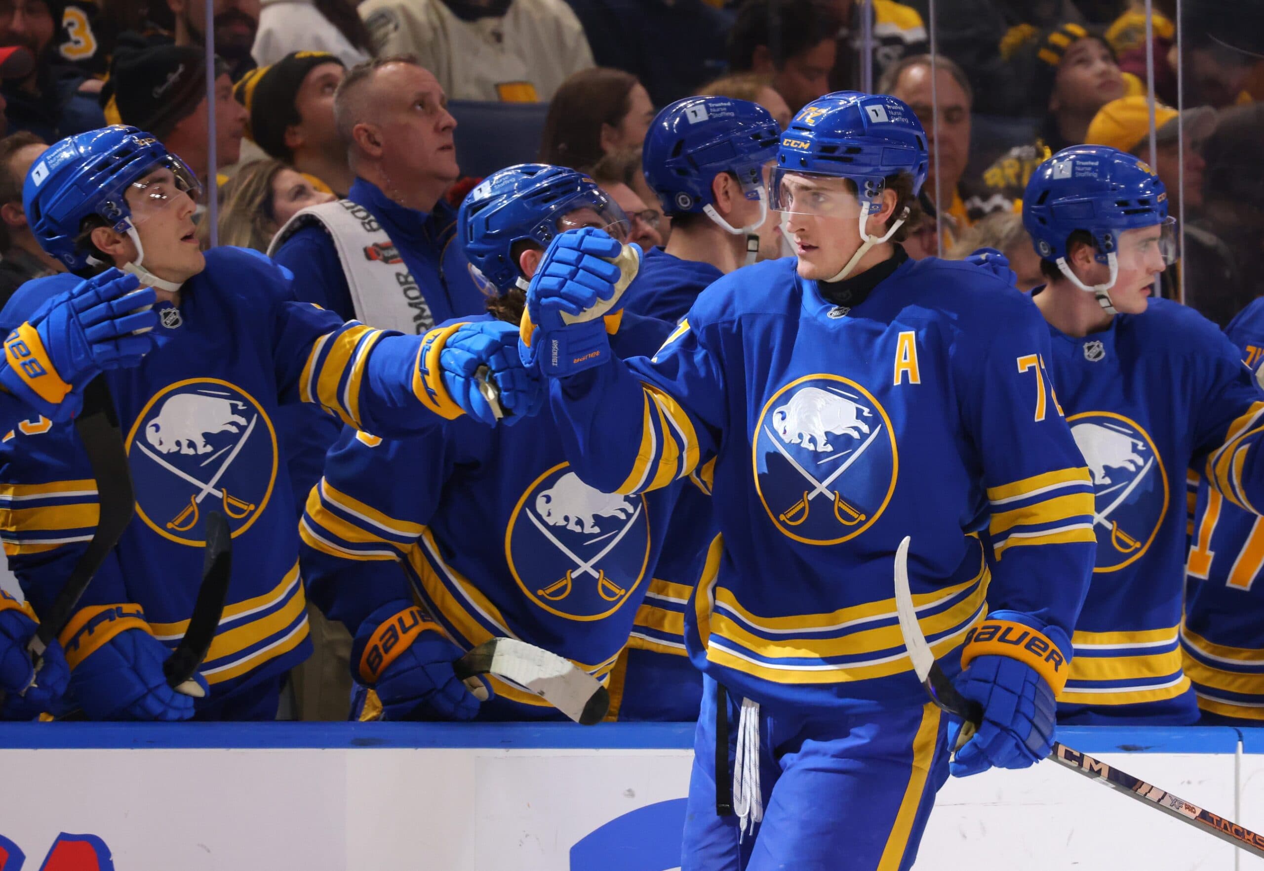 Buffalo Sabres center Tage Thompson (72) celebrates his goal with teammates during the first period against the Boston Bruins at KeyBank Center.