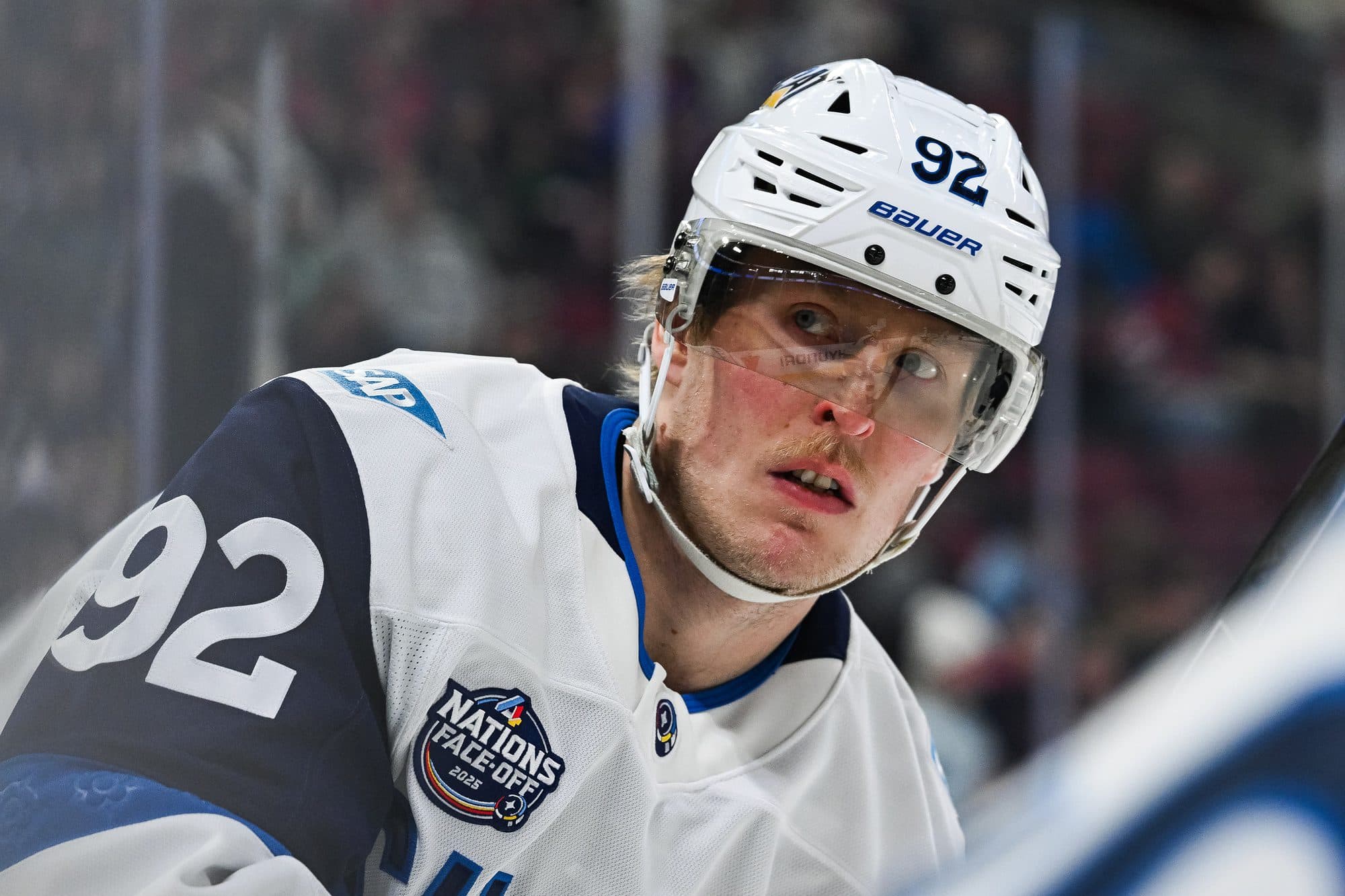 Team Finland forward Patrik Laine (92) looks on in warm-up before a game against Team USA during a 4 Nations Face-Off ice hockey game at Bell Centre.