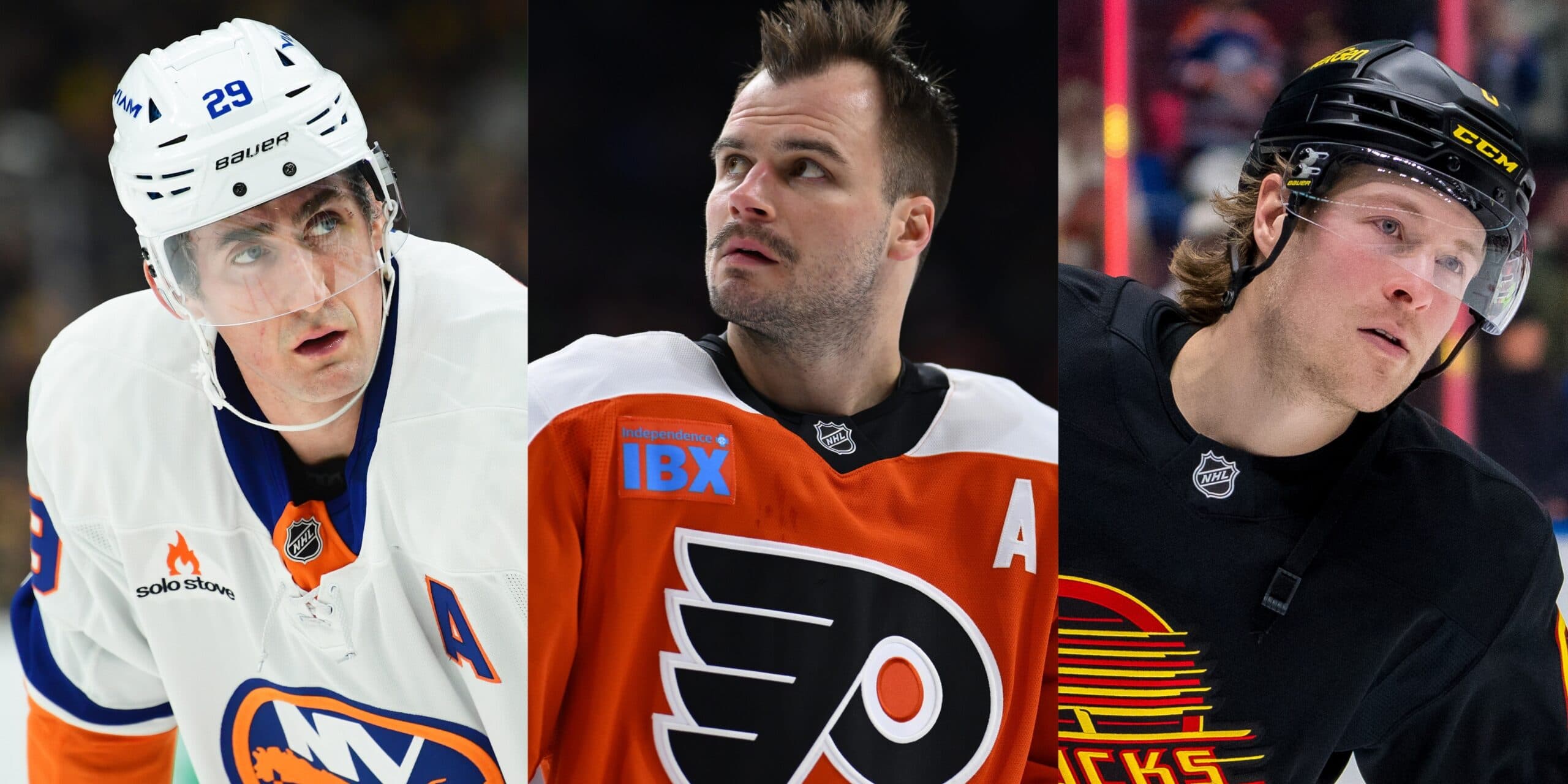 Brock Nelson, Scott Laughton and Brock Boeser (Imagn Images)