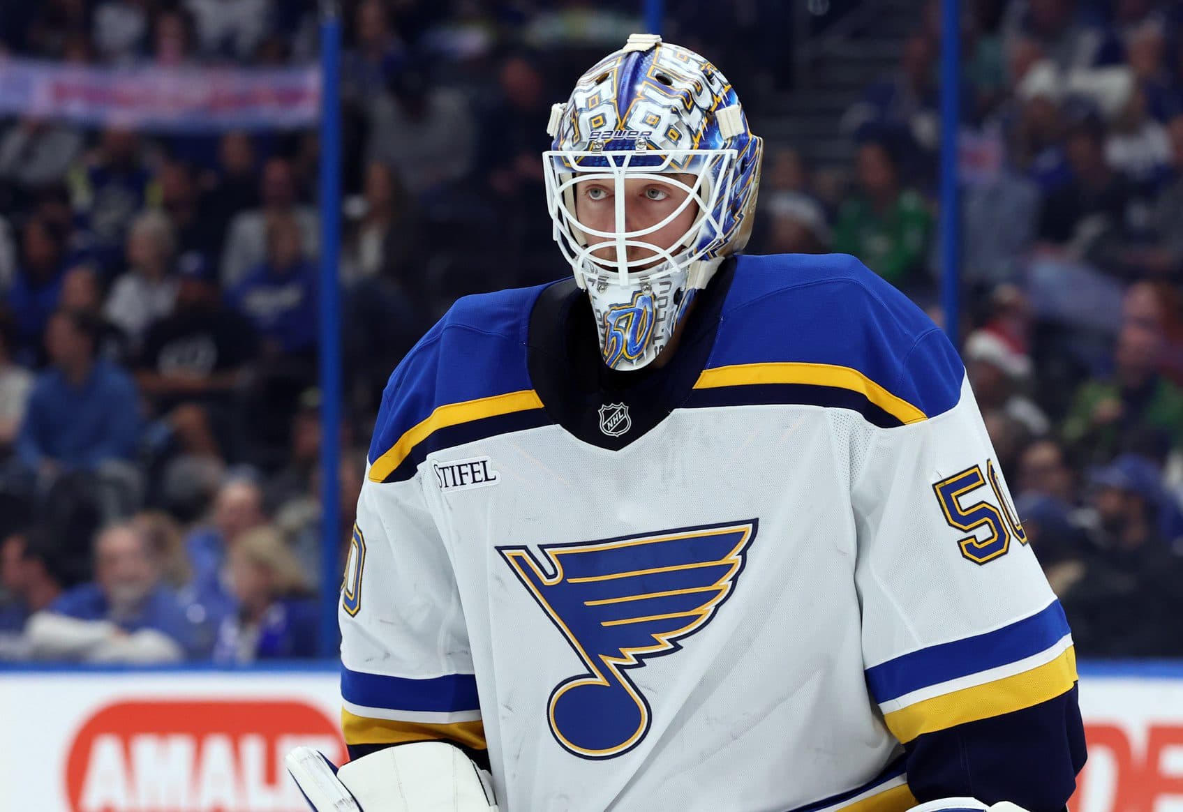 St. Louis Blues goaltender Jordan Binnington (50) looks on against the Tampa Bay Lightning during the first period at Amalie Arena.