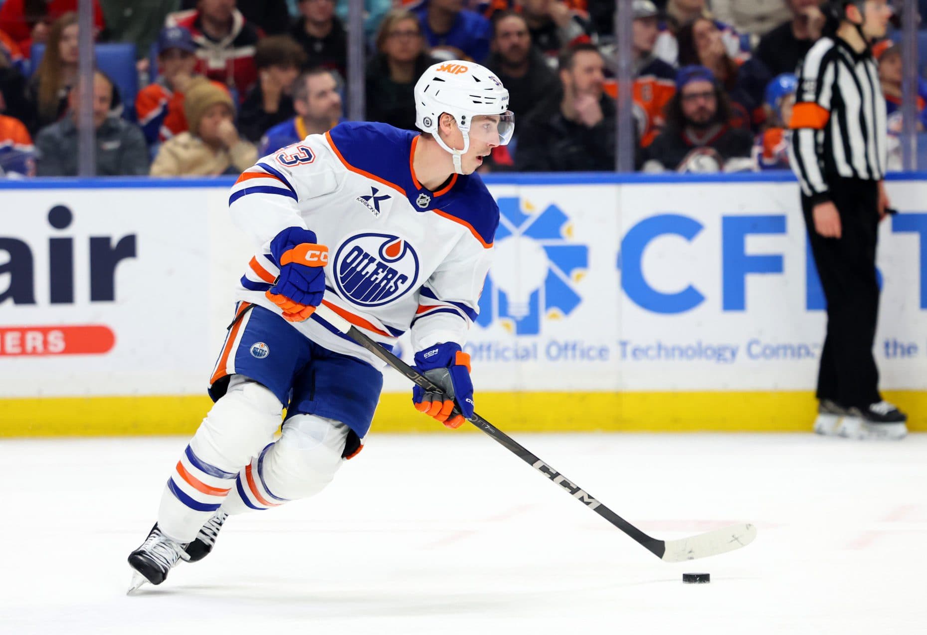 Edmonton Oilers center Ryan Nugent-Hopkins (93) carries the puck up ice during the second period against the Buffalo Sabres at KeyBank Center.