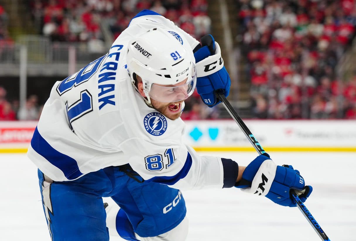 Tampa Bay Lightning defenseman Erik Cernak (81) takes a shot against the Carolina Hurricanes during the second period at Lenovo Center.