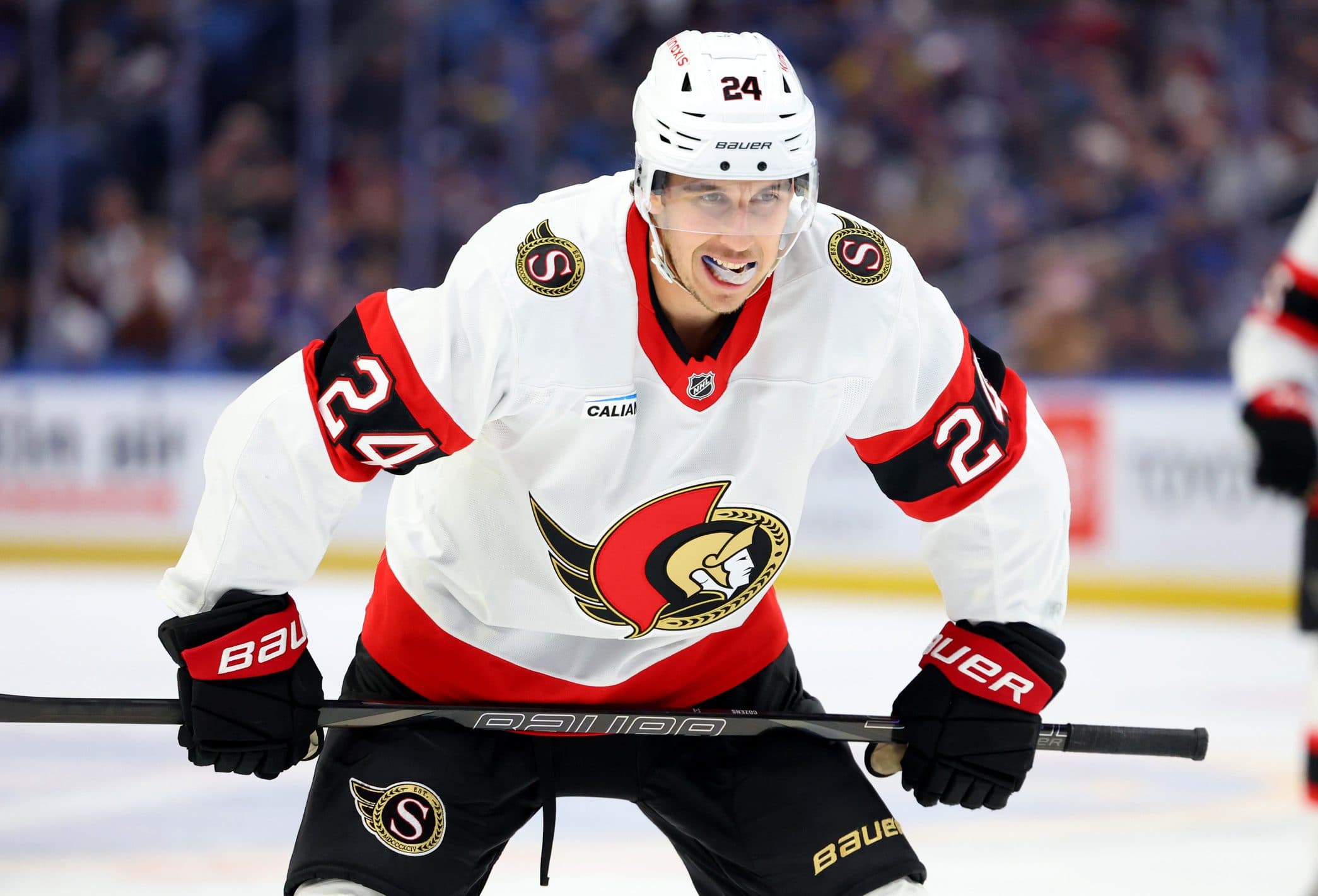 Ottawa Senators center Dylan Cozens (24) during a stoppage in play against the Buffalo Sabres at KeyBank Center.