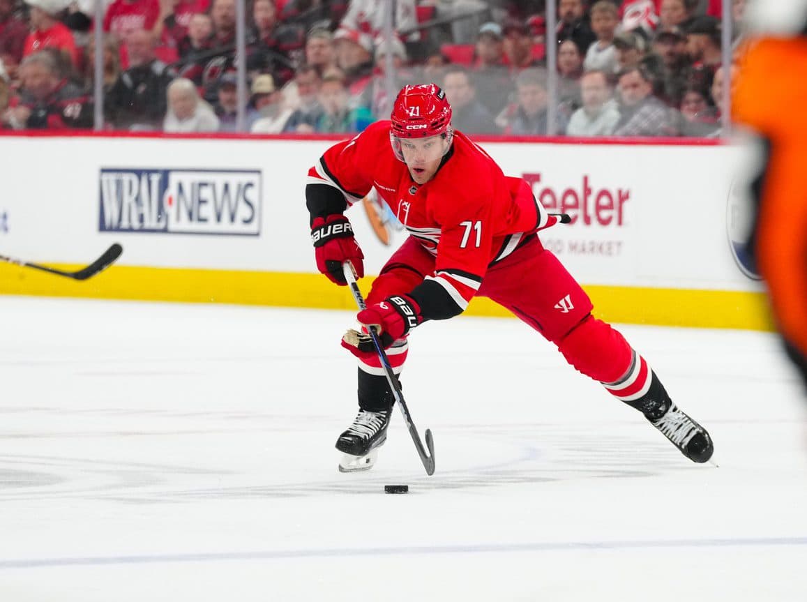 Carolina Hurricanes left wing Taylor Hall (71) skates with the puck against the Nashville Predators during the first period at Lenovo Center.