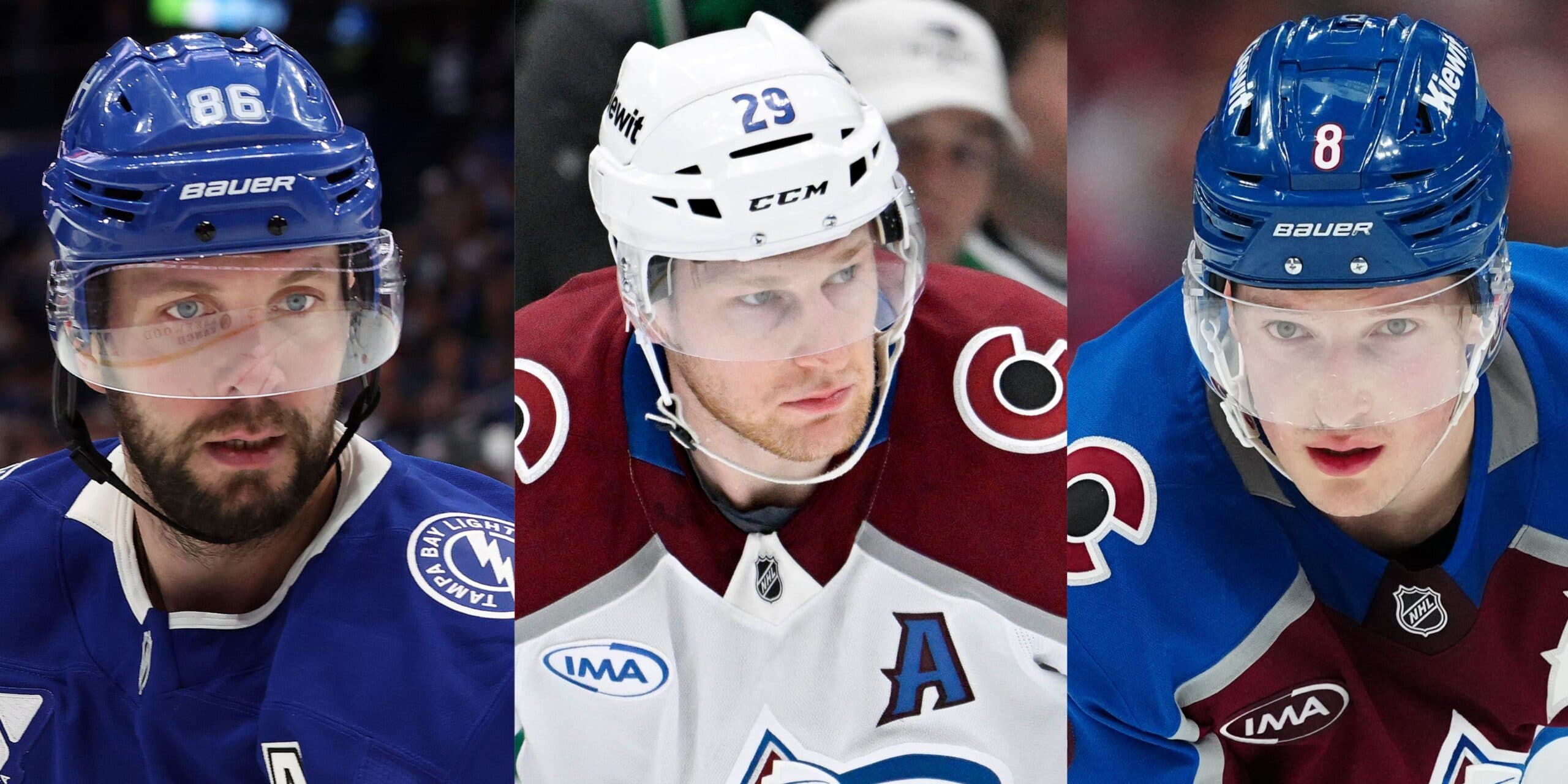 Nikita Kucherov, Nathan MacKinnon and Cale Makar (Imagn Images)