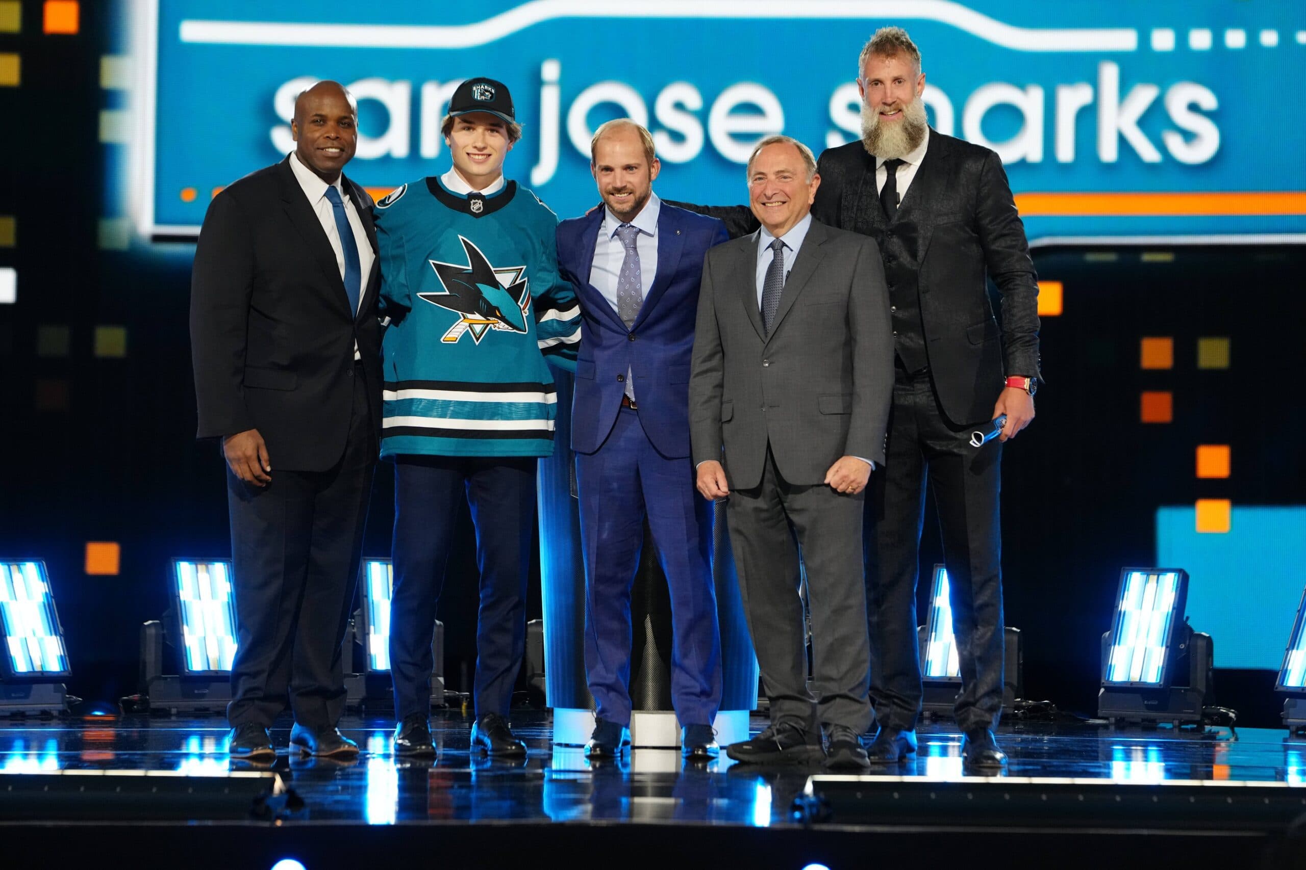 Macklin Celebrini is selected with the 1st overall pick in the first round of the 2024 NHL Draft by the San Jose Sharks at The Sphere.