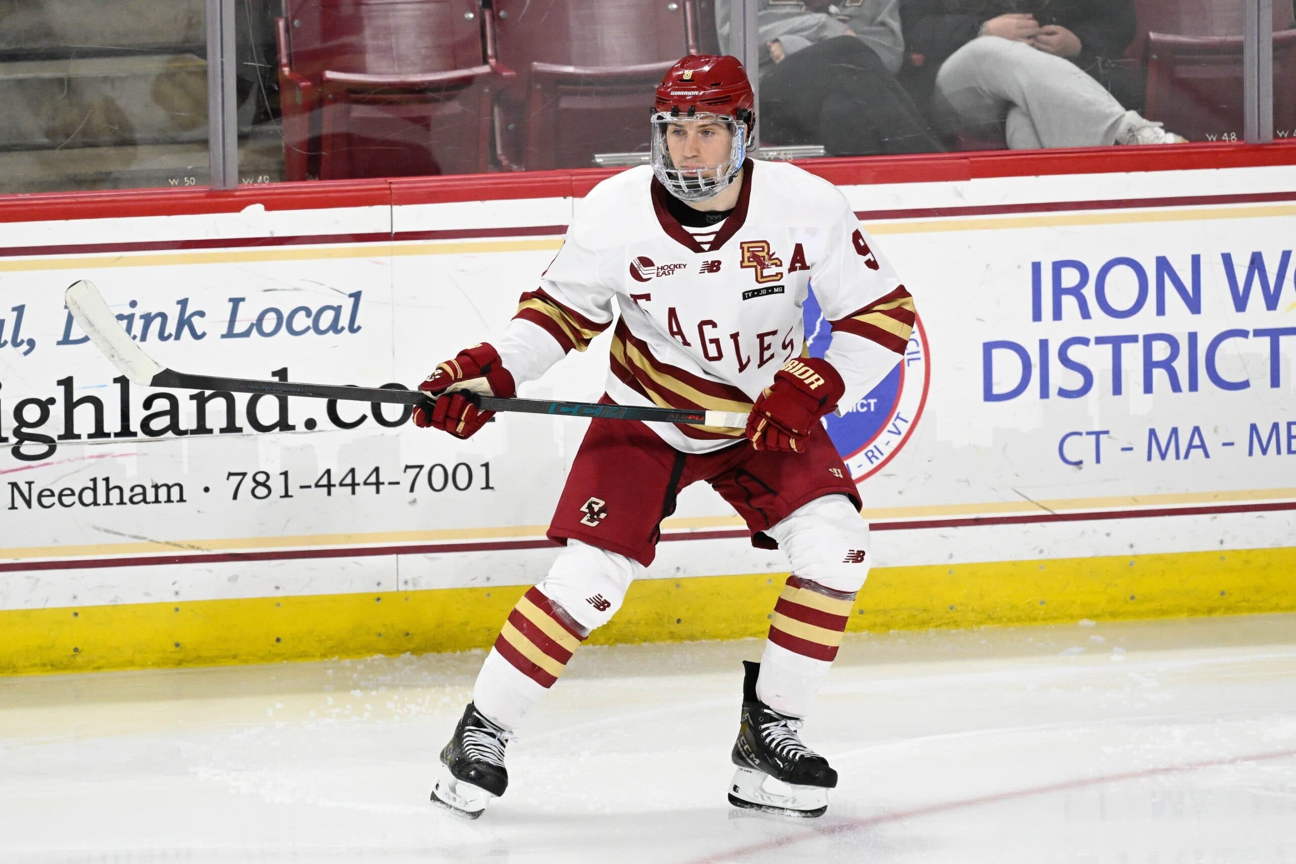 Boston College forward Ryan Leonard (9) skates against the University of New Hampshire Wildcats during the second period at Conte Forum.