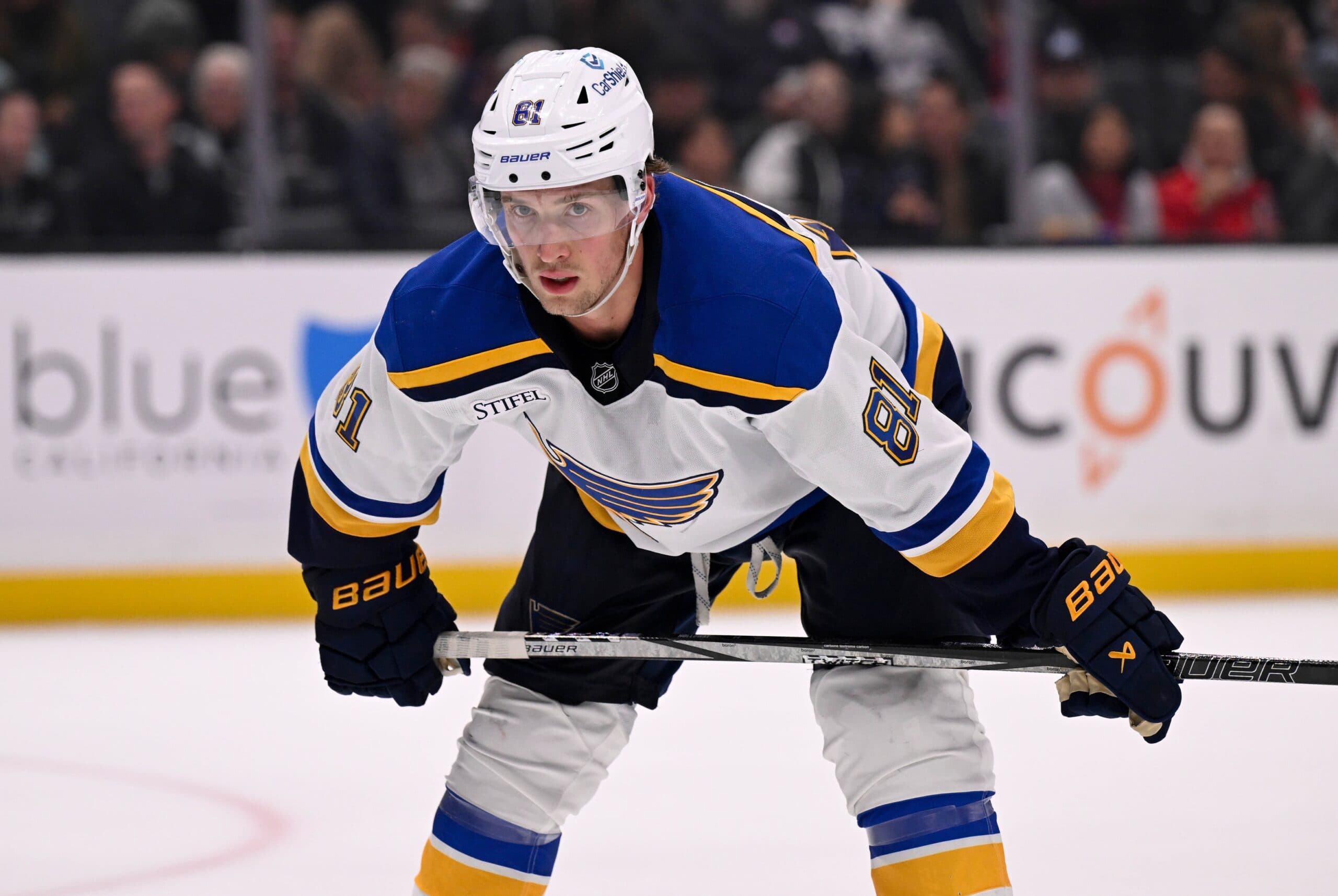 St. Louis Blues center Dylan Holloway (81) prepares for a face-off against the Los Angeles Kings during the third period at Crypto.com Arena.