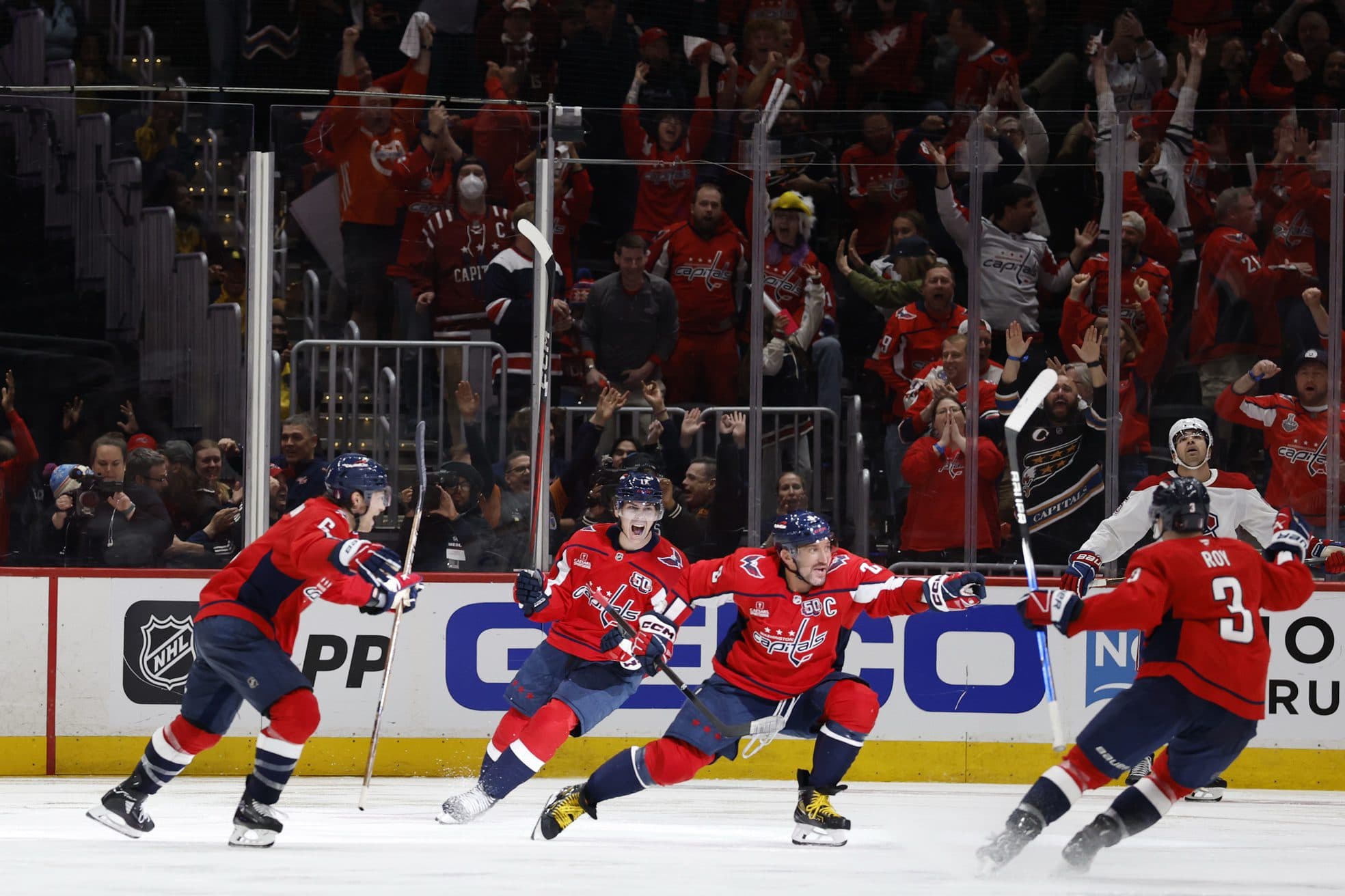 Washington Capitals left wing Alex Ovechkin (8) celebrates after scoring the game-winning goal in overtime against the Montreal Canadiens in game one of the first round of the 2025 Stanley Cup Playoffs at Capital One Arena.