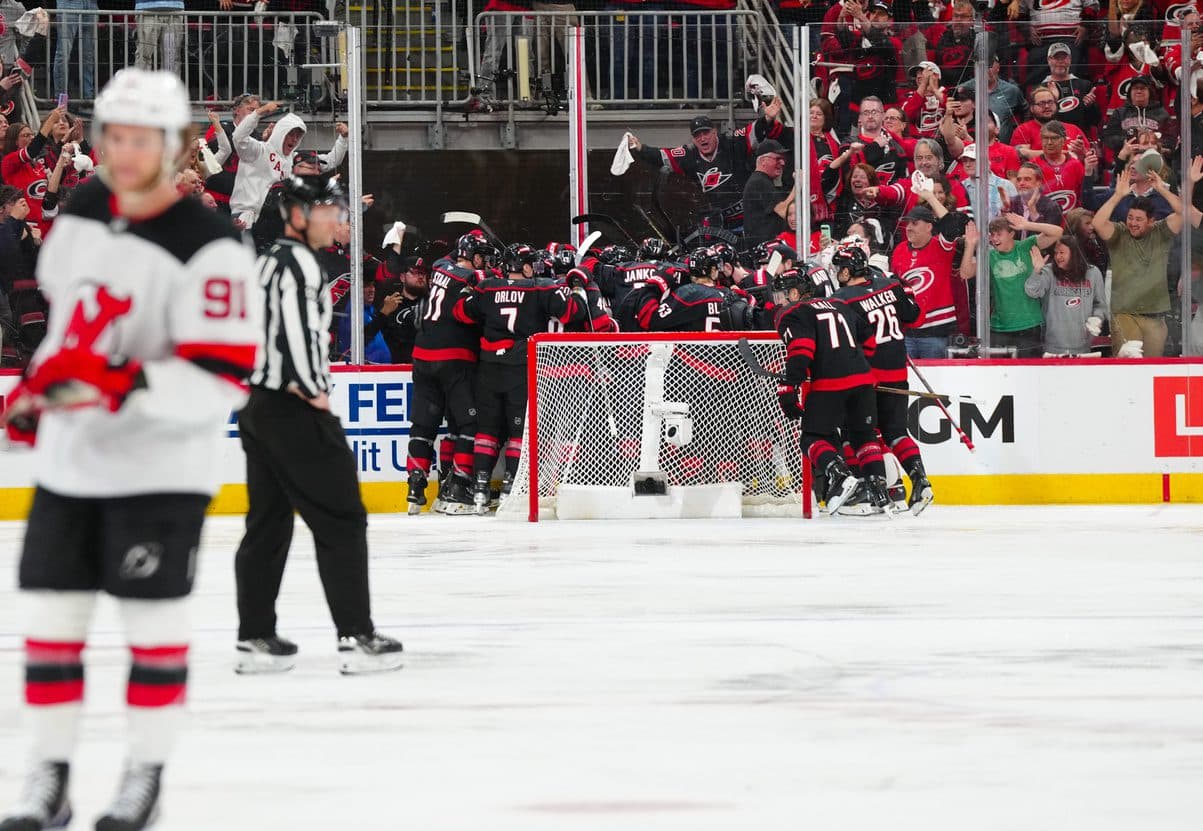 Carolina Hurricanes center Sebastian Aho (20) scores the game winning goal in the second overtime against the New Jersey Devils in game five of the first round of the 2025 Stanley Cup Playoffs at Lenovo Center.