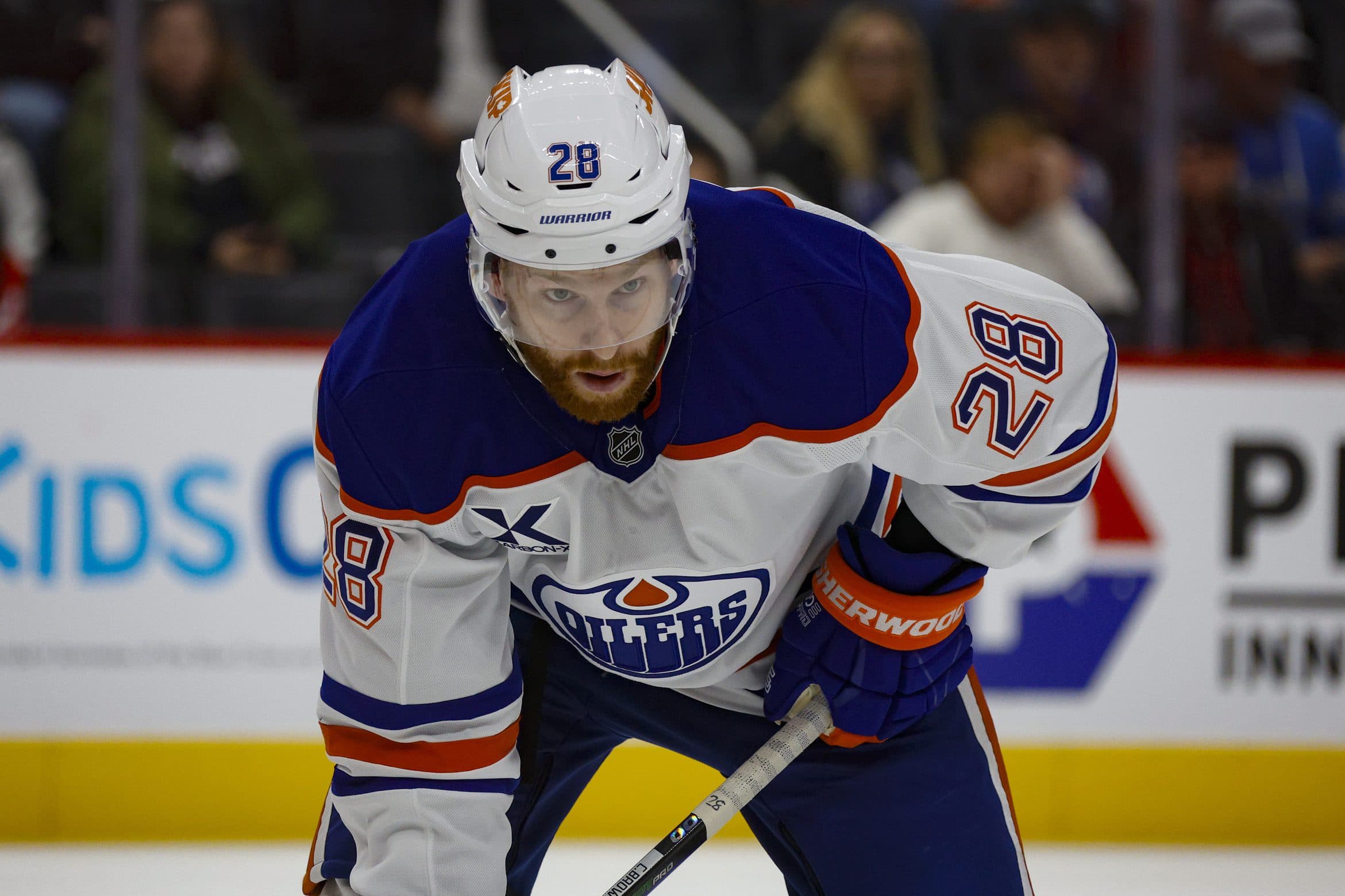 Edmonton Oilers right wing Connor Brown (28) looks on during a face off in the first period of the game against the Detroit Red Wings at Little Caesars Arena.