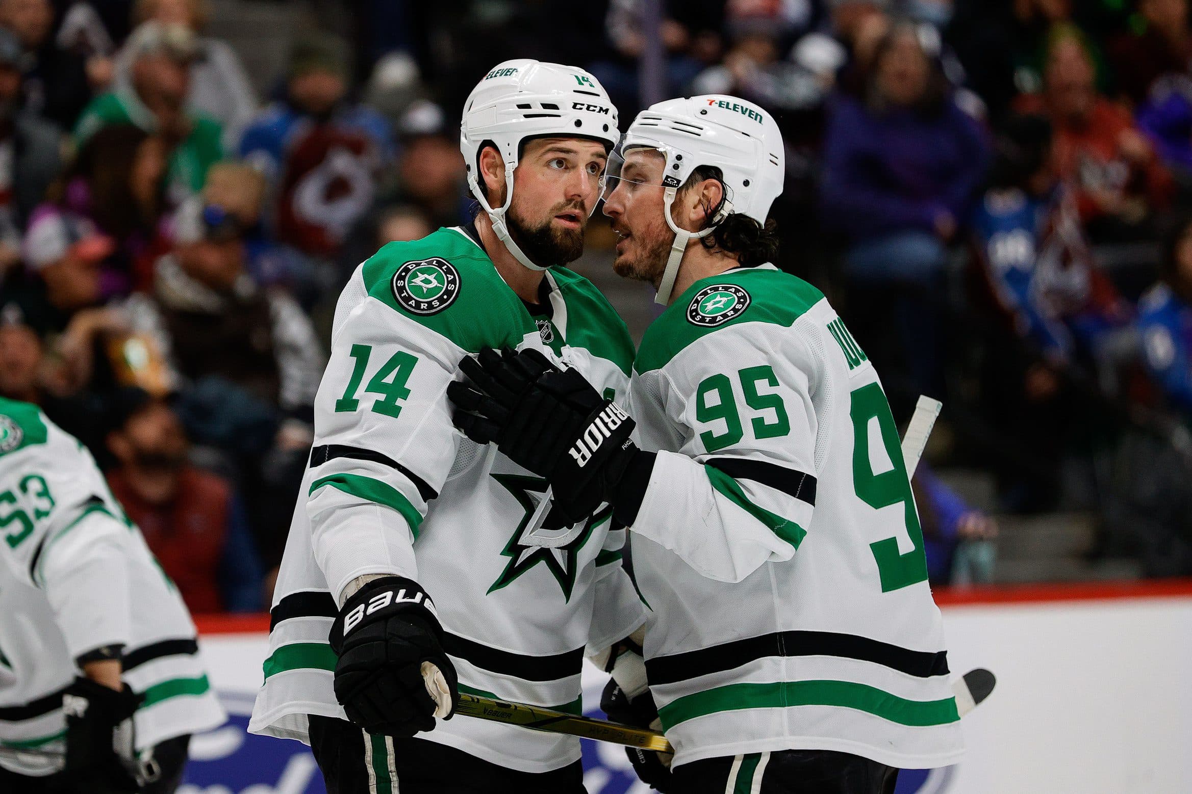 Dallas Stars left wing Jamie Benn (14) and center Matt Duchene (95) in the first period against the Colorado Avalanche at Ball Arena.