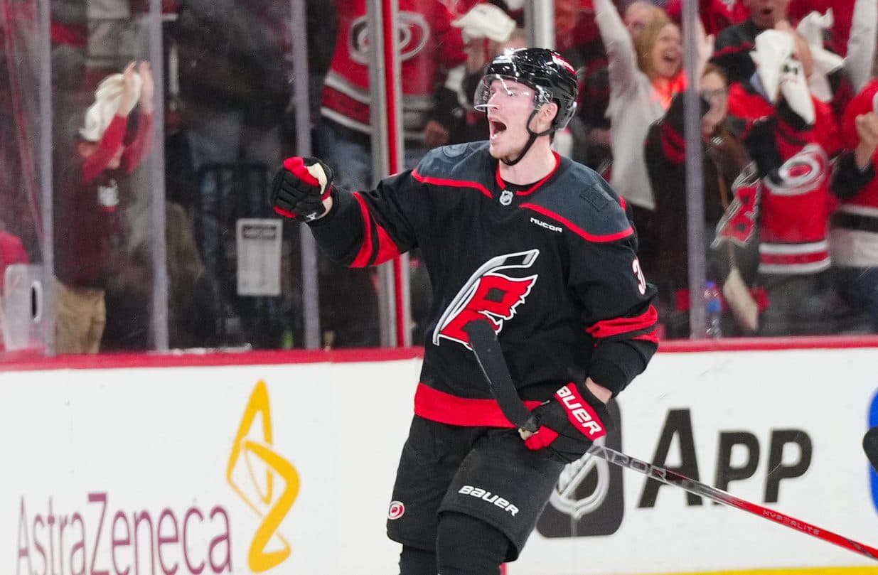 Carolina Hurricanes right wing Andrei Svechnikov (37) celebrates his goal against the New Jersey Devils during the second period in game five of the first round of the 2025 Stanley Cup Playoffs at Lenovo Center.