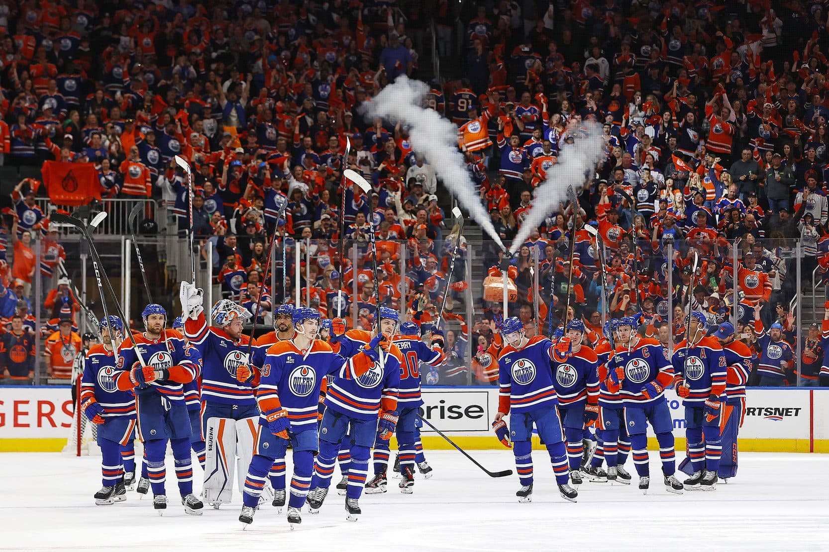 The Edmonton Oilers celebrate eliminating the Los Angeles Kings in game six of the first round of the 2025 Stanley Cup Playoffs at Rogers Place.