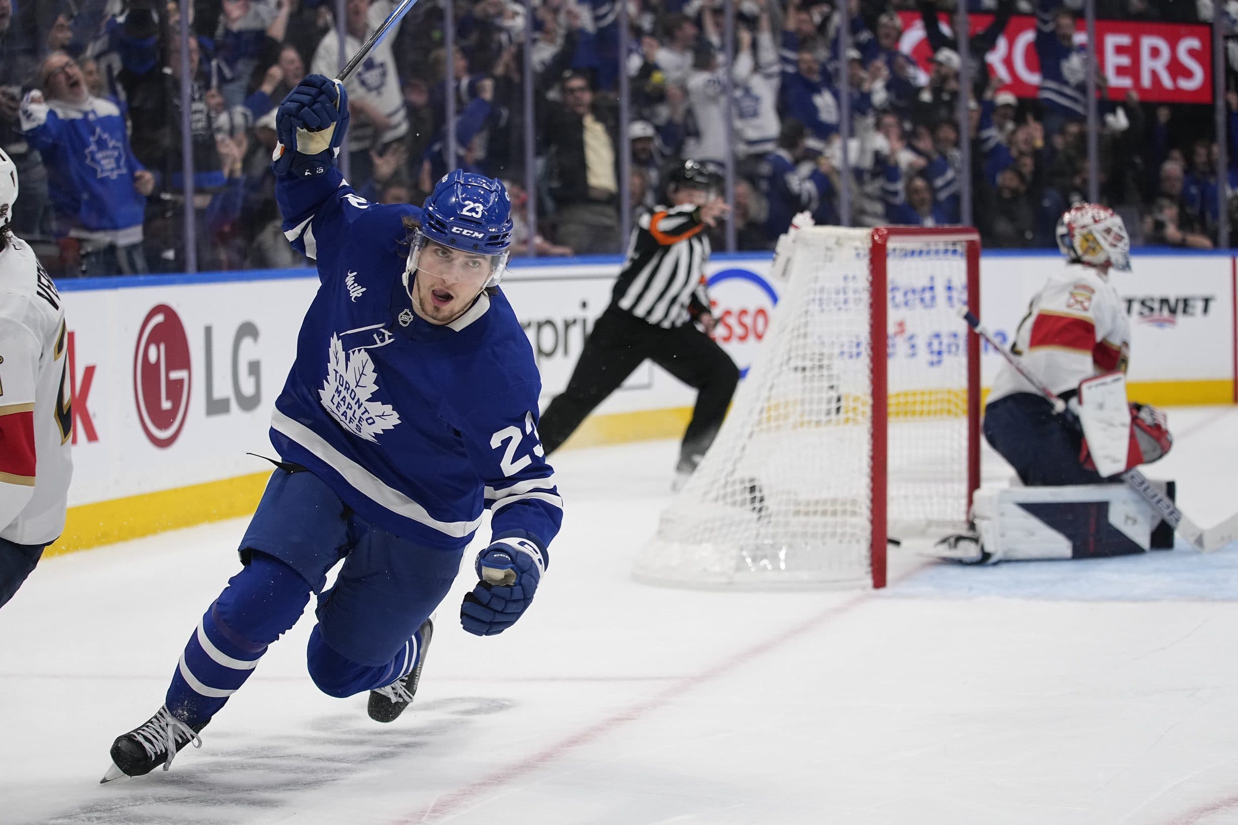 Toronto Maple Leafs forward Matthew Knies (23) celebrates his goal against Florida Panthers goaltender Sergei Bobrovsky (72) during the third period of game one of the second round of the 2025 Stanley Cup Playoffs at Scotiabank Arena.