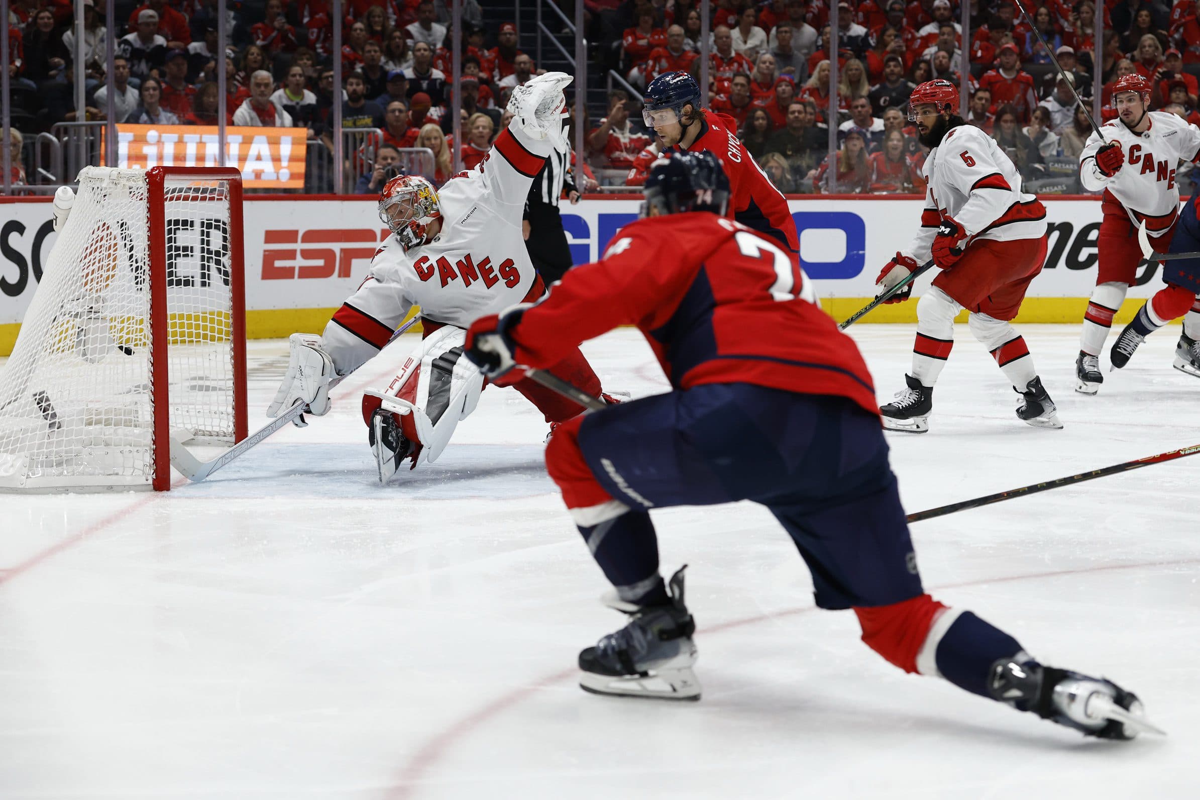 Washington Capitals defenseman John Carlson (74) scores a goal on Carolina Hurricanes goaltender Frederik Andersen (31) in the third period in game two of the second round of the 2025 Stanley Cup Playoffs at Capital One Arena