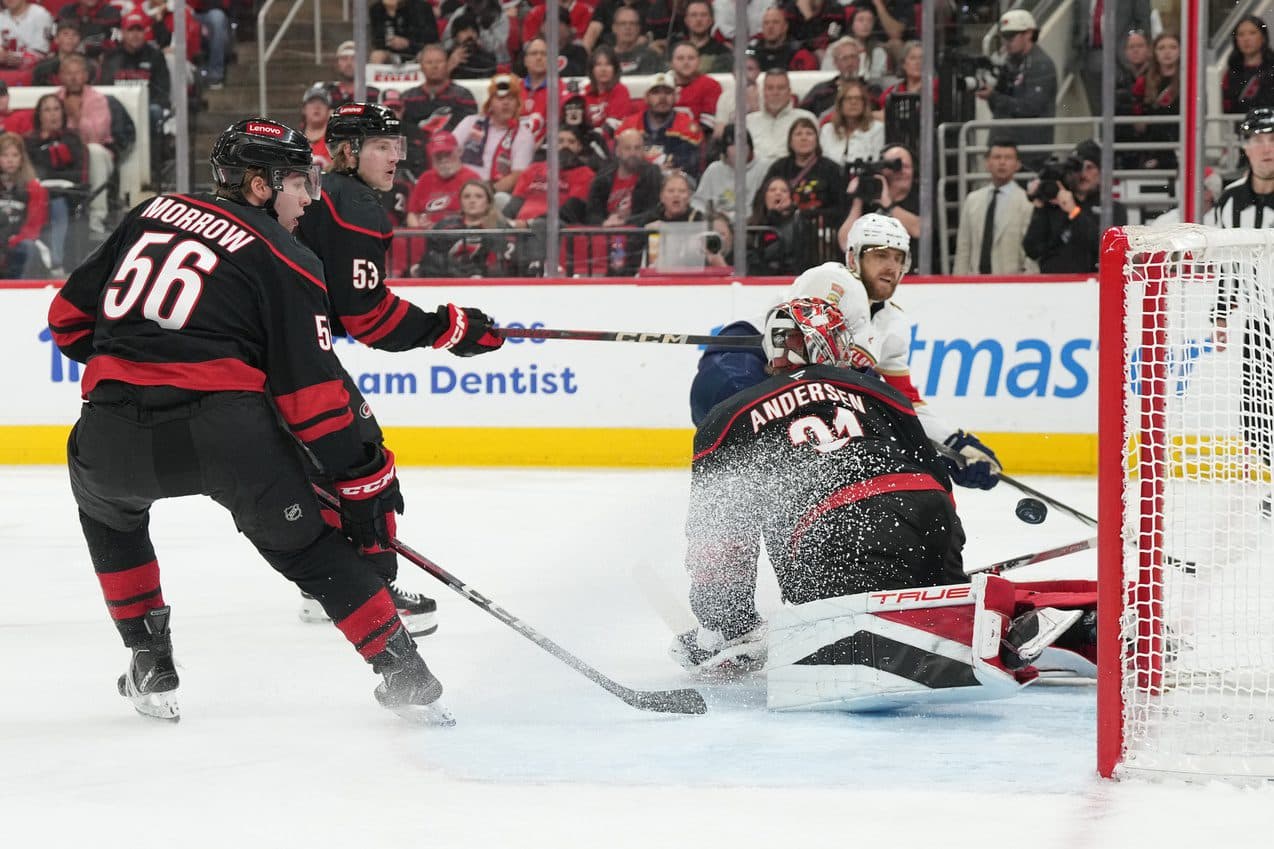 Florida Panthers forward A.J. Greer (10) scores against Carolina Hurricanes goaltender Frederik Andersen (31) during the second period in game one of the Eastern Conference Final of the 2025 Stanley Cup Playoffs at Lenovo Center.