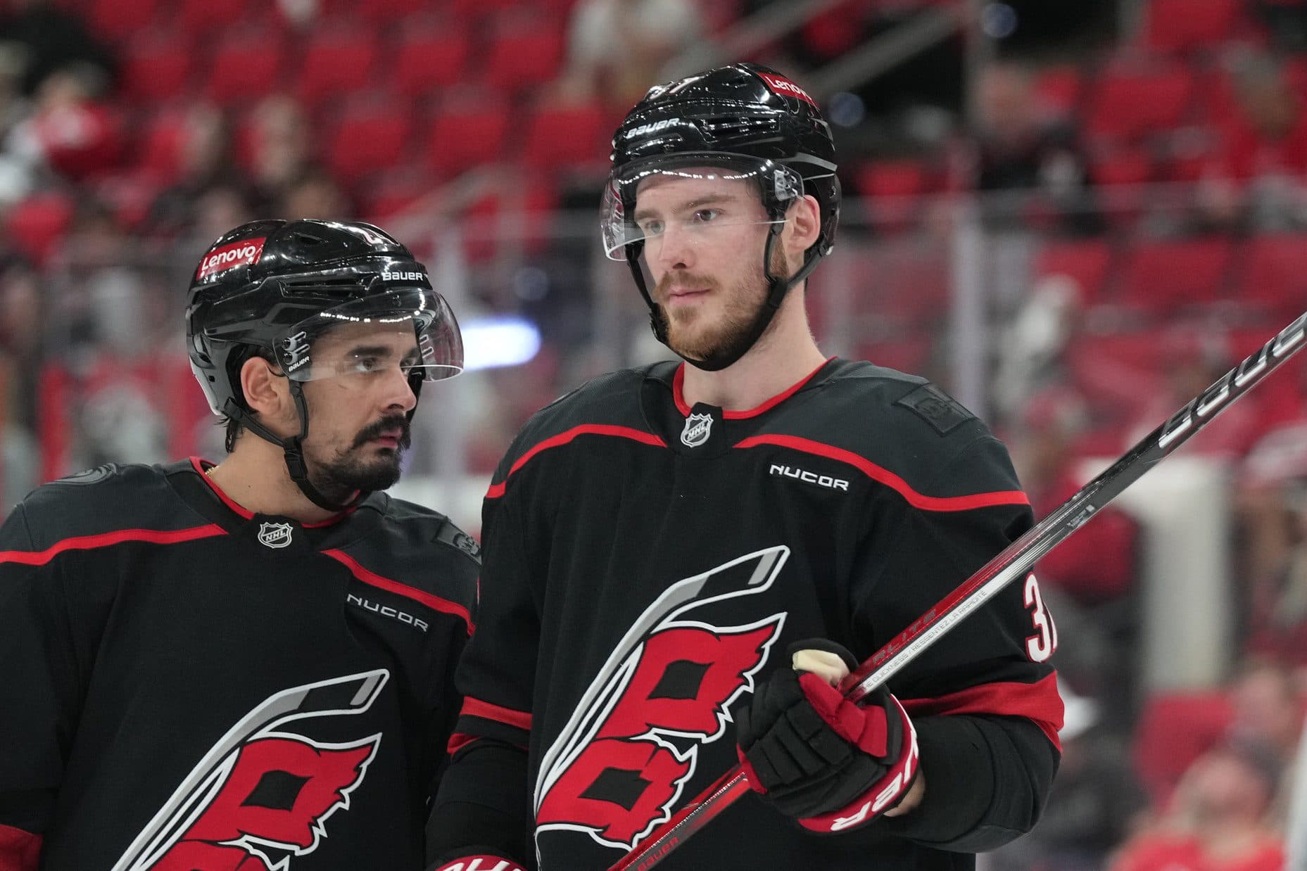Carolina Hurricanes forward Andrei Svechnikov (37) looks on during the third period against the Florida Panthers in game one of the Eastern Conference Final of the 2025 Stanley Cup Playoffs at Lenovo Center.