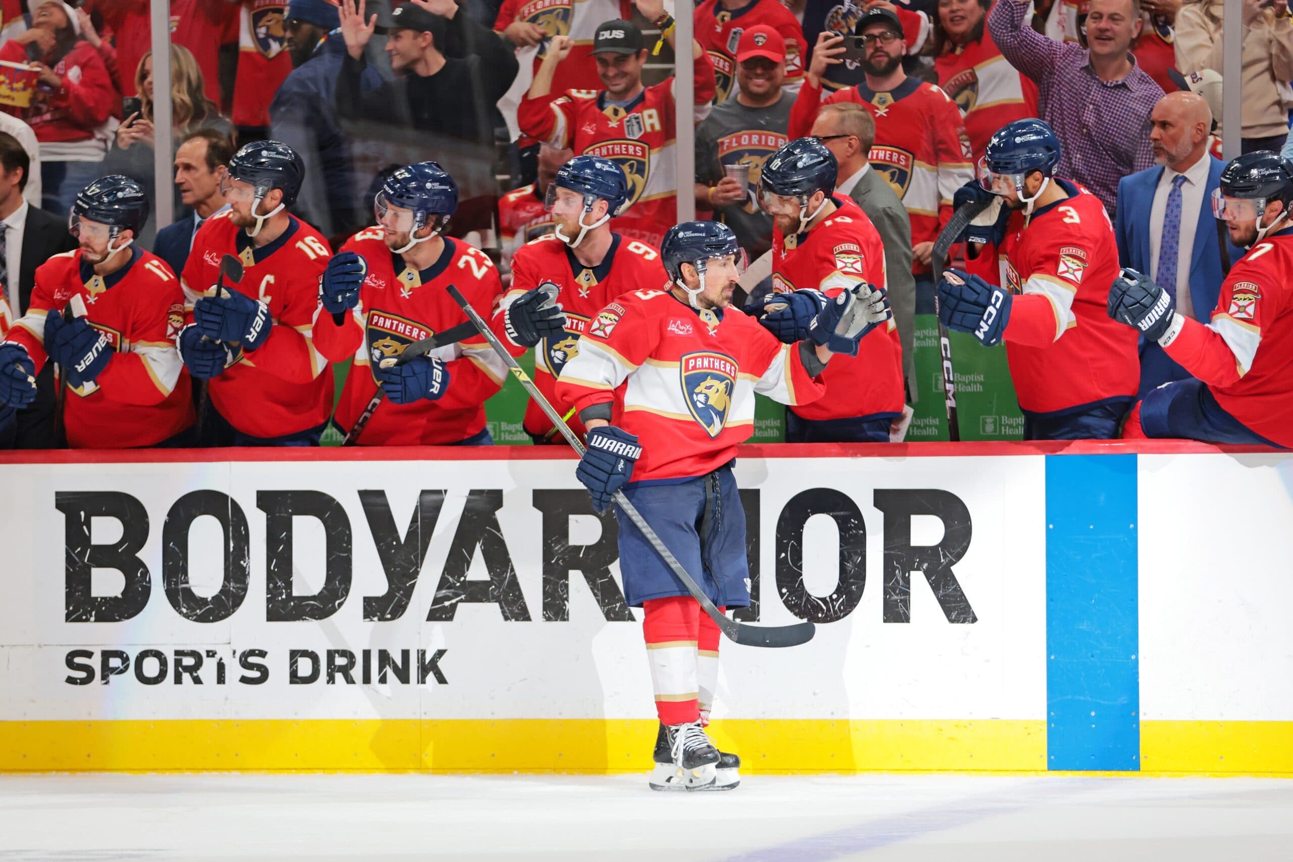 Florida Panthers center Brad Marchand (63) celebrates after a goal during the third period against the Carolina Hurricanes in game three of the Eastern Conference Final of the 2025 Stanley Cup Playoffs at Amerant Bank Arena
