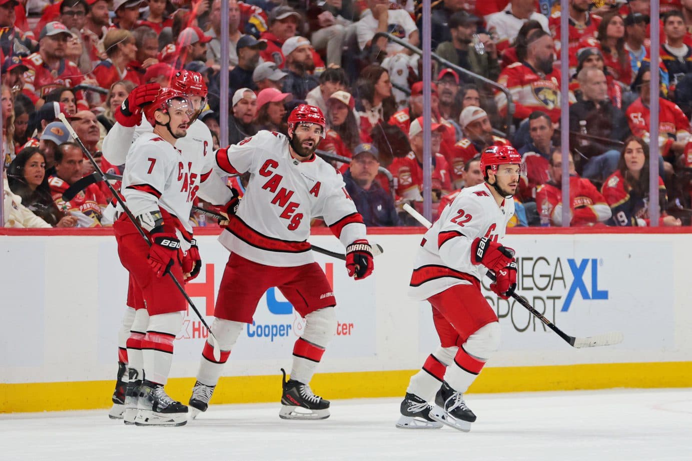 Carolina Hurricanes center Logan Stankoven (22) celebrates after scoring a goal during the second period against the Florida Panthers in game four of the Eastern Conference Final of the 2025 Stanley Cup Playoffs at Amerant Bank Arena.