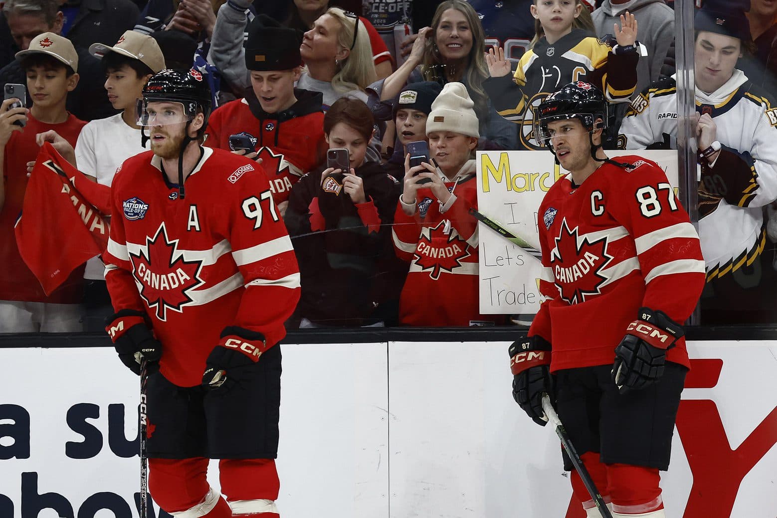 Team Canada forwards Connor McDavid (97) and center Sydney Crosby (87) before the 4 Nations Face-Off ice hockey championship game against the United States at TD Garden