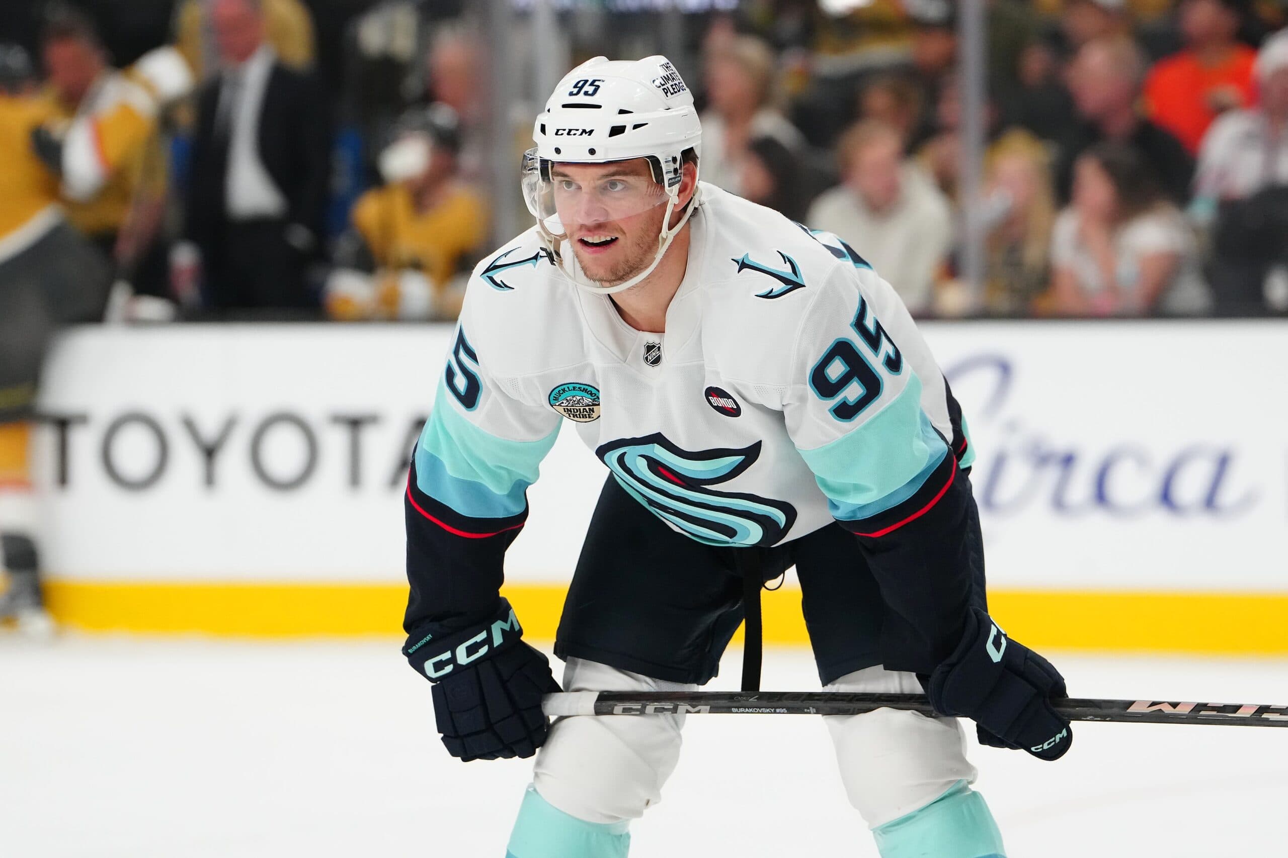 Seattle Kraken left wing Andre Burakovsky (95) awaits a face off against the Vegas Golden Knights during the first period at T-Mobile Arena.