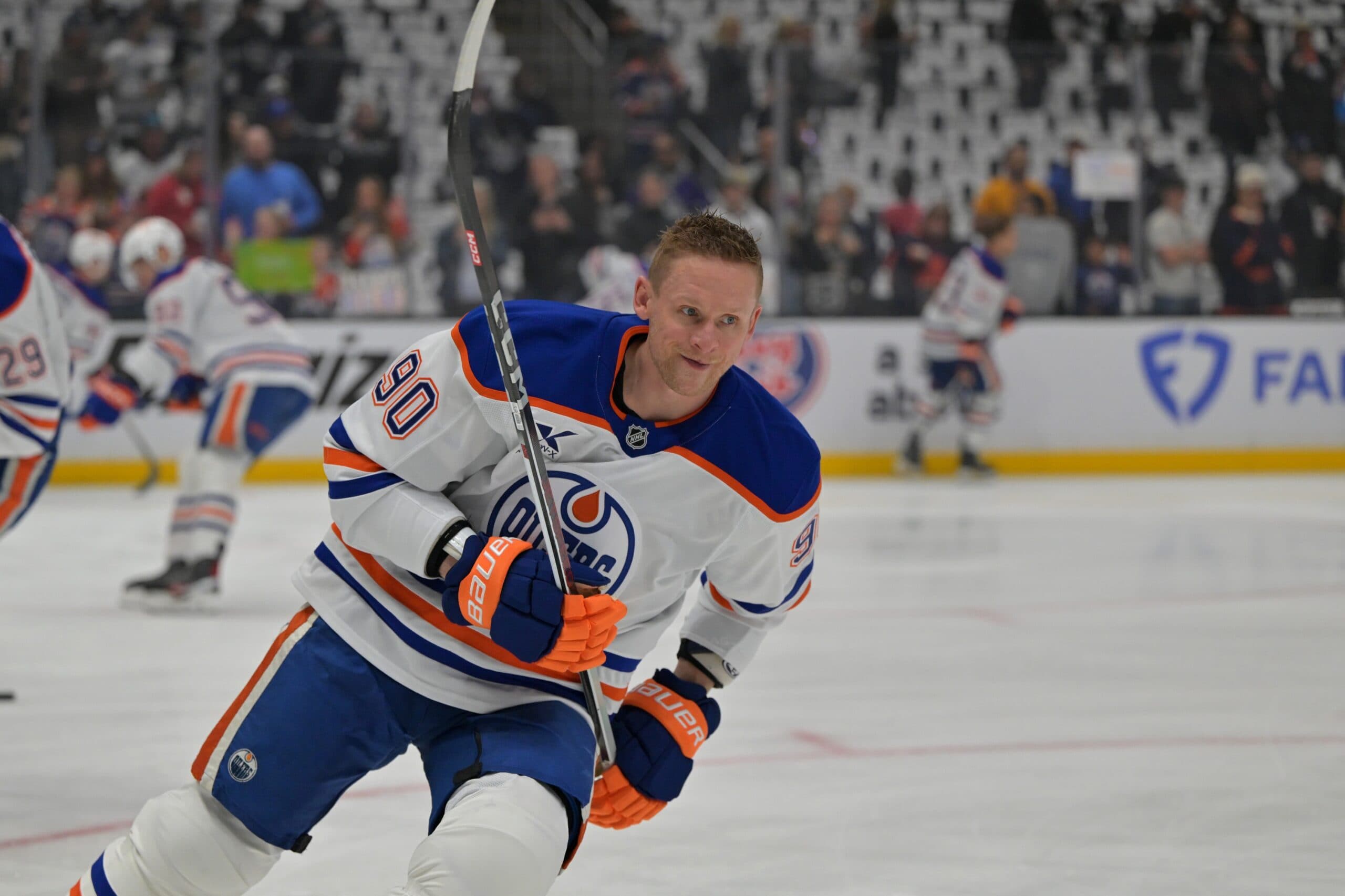 Edmonton Oilers right wing Corey Perry (90) warms up for game 2 of the 2025 Stanley Cup Playoffs against the Los Angeles Kings at Crypto.com Arena.