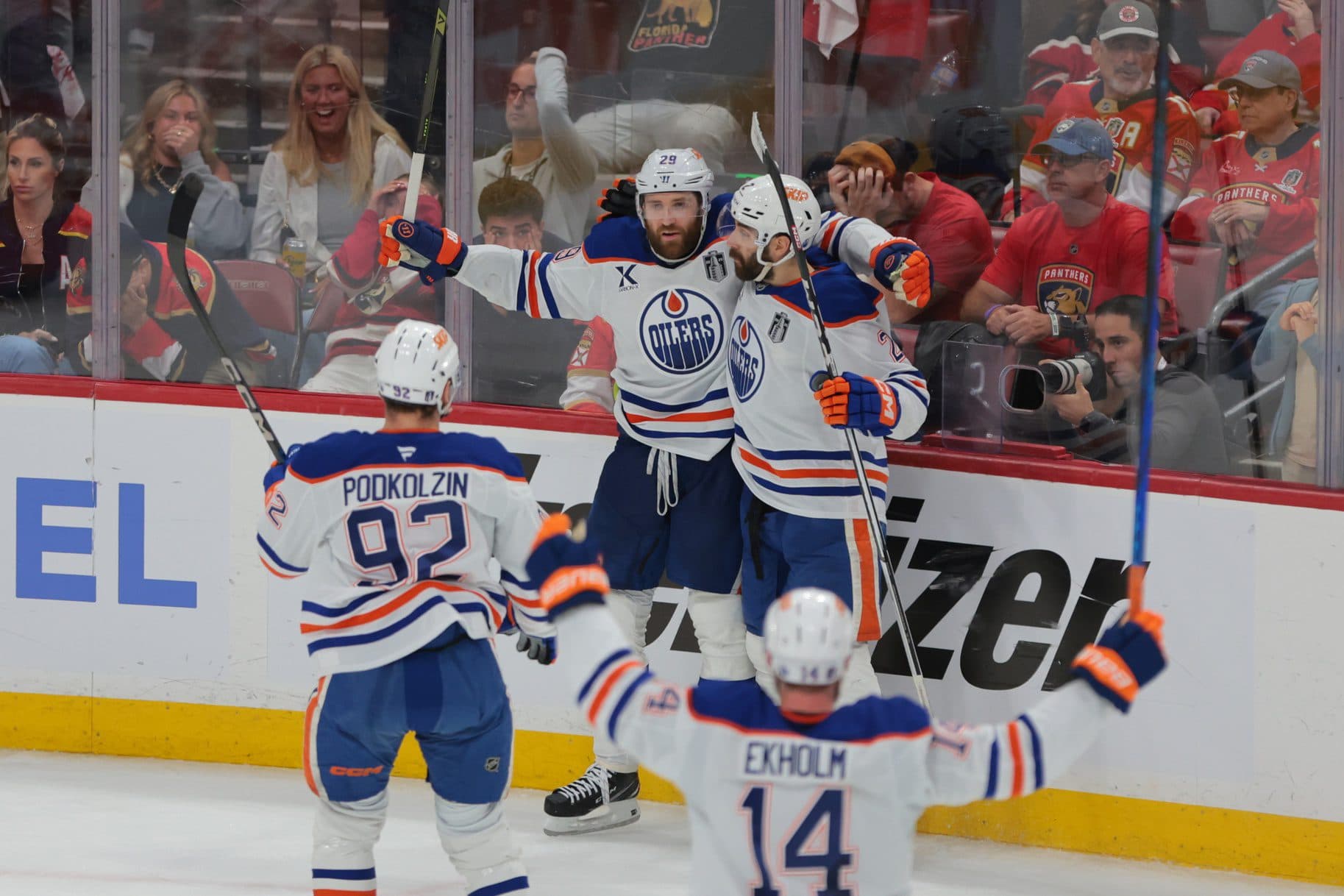 Edmonton Oilers center Leon Draisaitl (29) celebrates scoring in overtime against the Florida Panthers in game four of the 2025 Stanley Cup Final at Amerant Bank Arena.