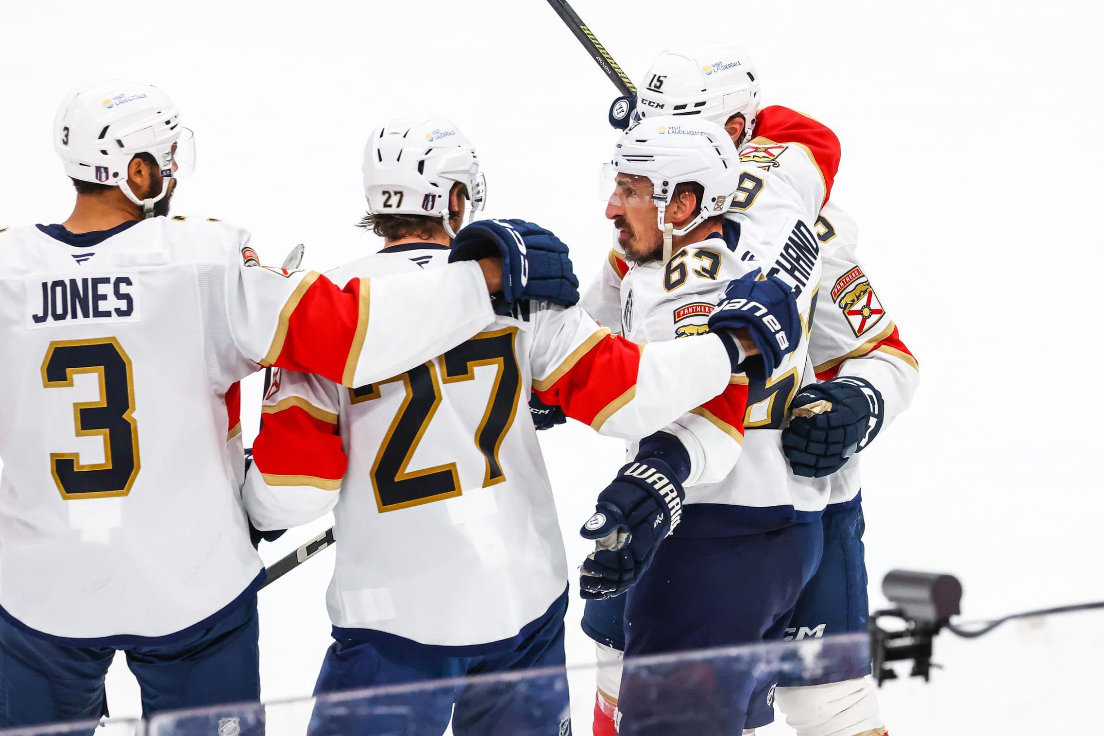 Florida Panthers center Brad Marchand (63) celebrates his goal with teammates against the Edmonton Oilers during the third period in game five of the 2025 Stanley Cup Final at Rogers Place.