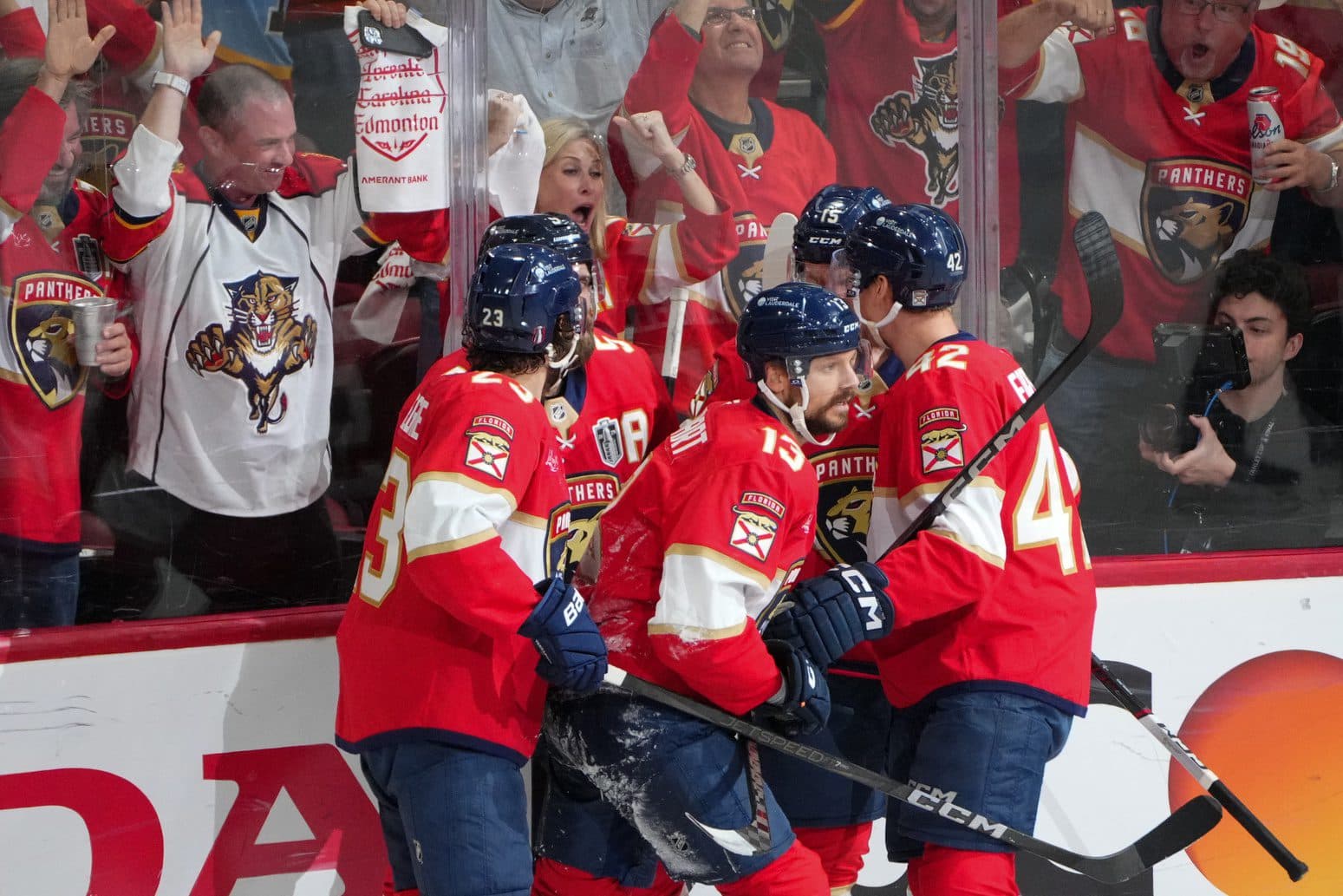 Florida Panthers center Sam Reinhart (13) celebrates with his teammates after scoring a goal against the Edmonton Oilers during the first period in game six of the 2025 Stanley Cup Final at Amerant Bank Arena.