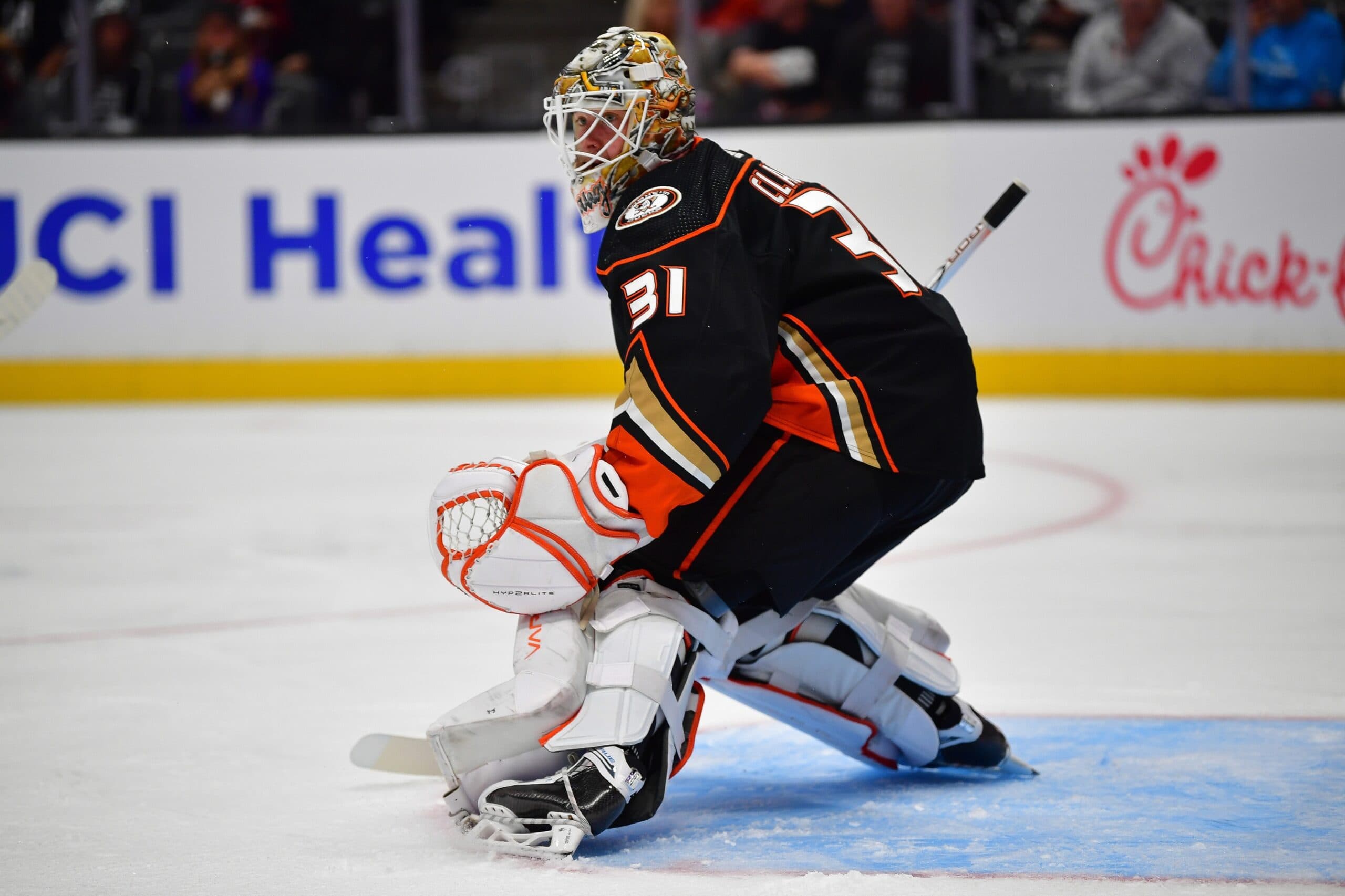 Anaheim Ducks goaltender Calle Clang (31) defends the goal against the Los Angeles Kings during the first period at Honda Center.