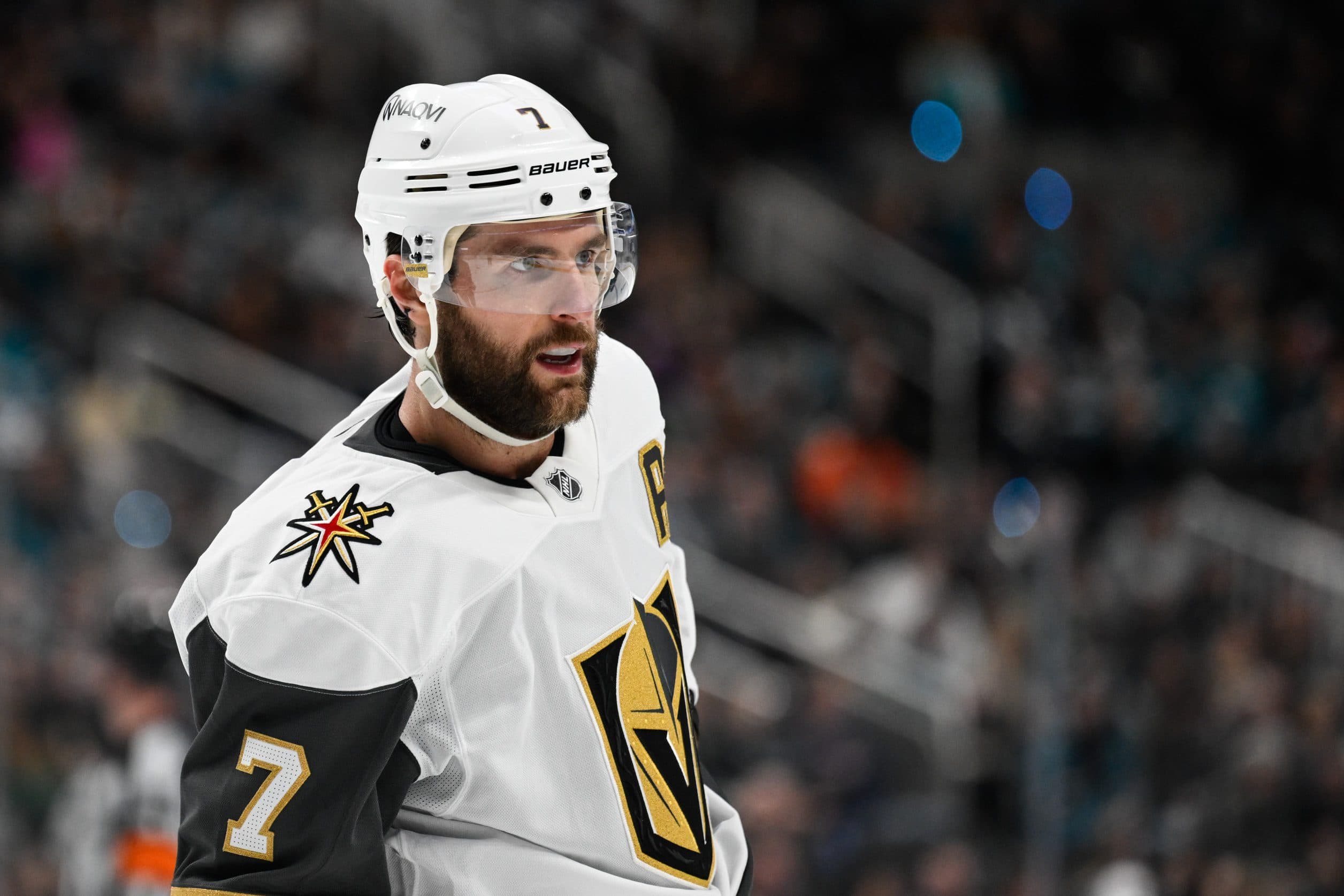 Vegas Golden Knights defenseman Alex Pietrangelo (7) skates against the San Jose Sharks in the second period at SAP Center at San Jose.