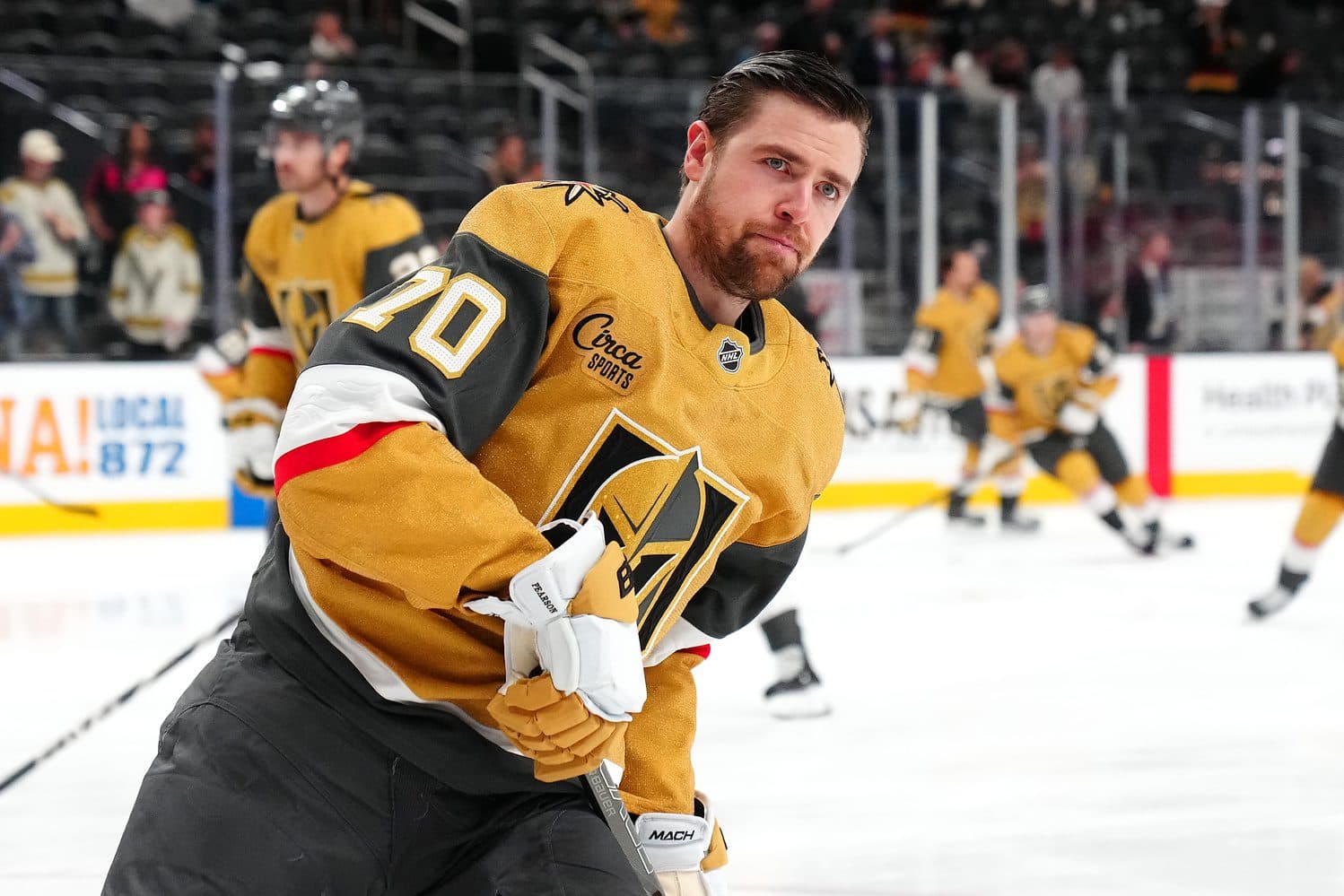 Vegas Golden Knights left wing Tanner Pearson (70) warms up before a game against the Buffalo Sabres at T-Mobile Arena.
