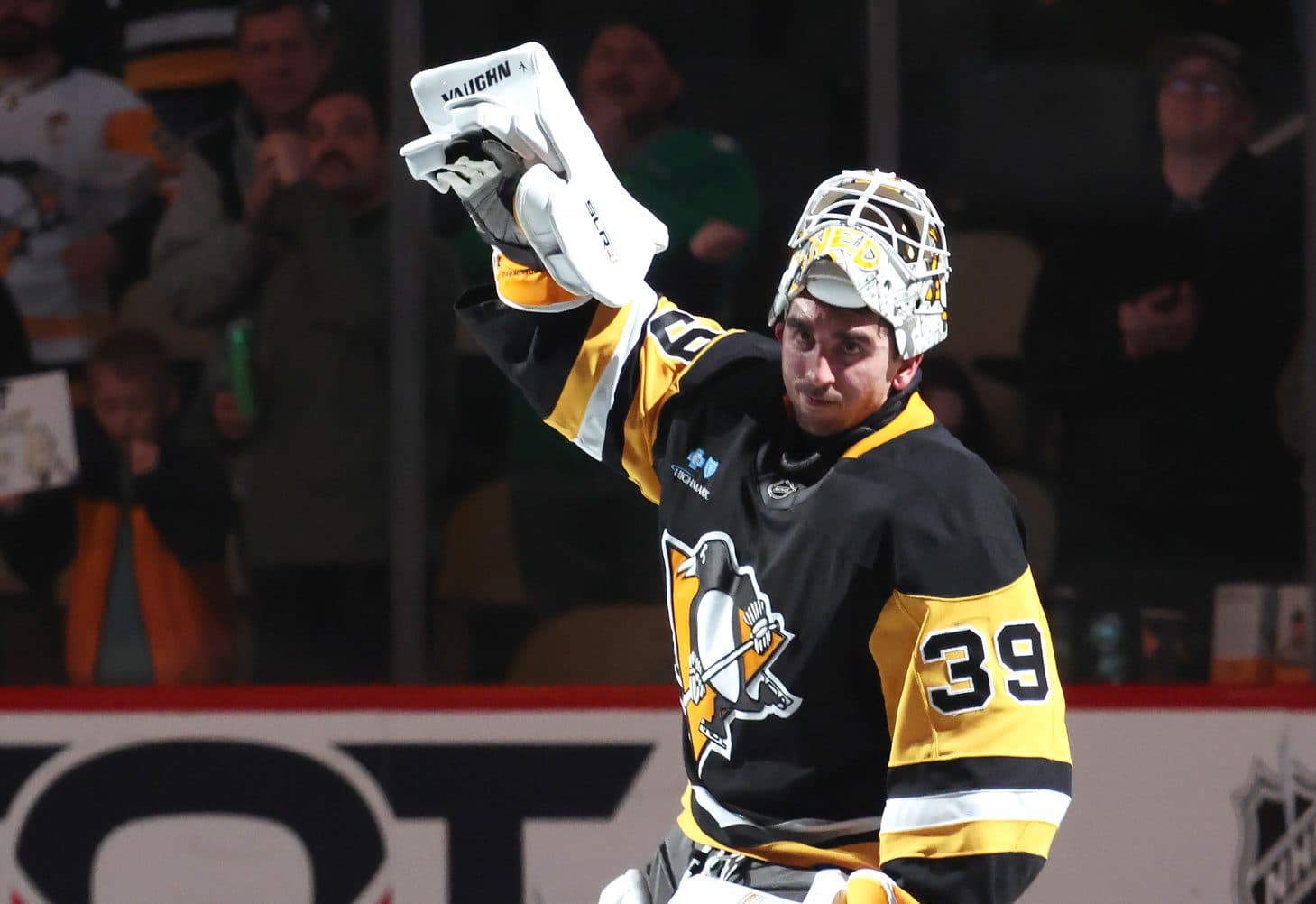 Pittsburgh Penguins goaltender Alex Nedeljkovic (39) reacts after being named a star of the game against the Columbus Blue Jackets at PPG Paints Arena.