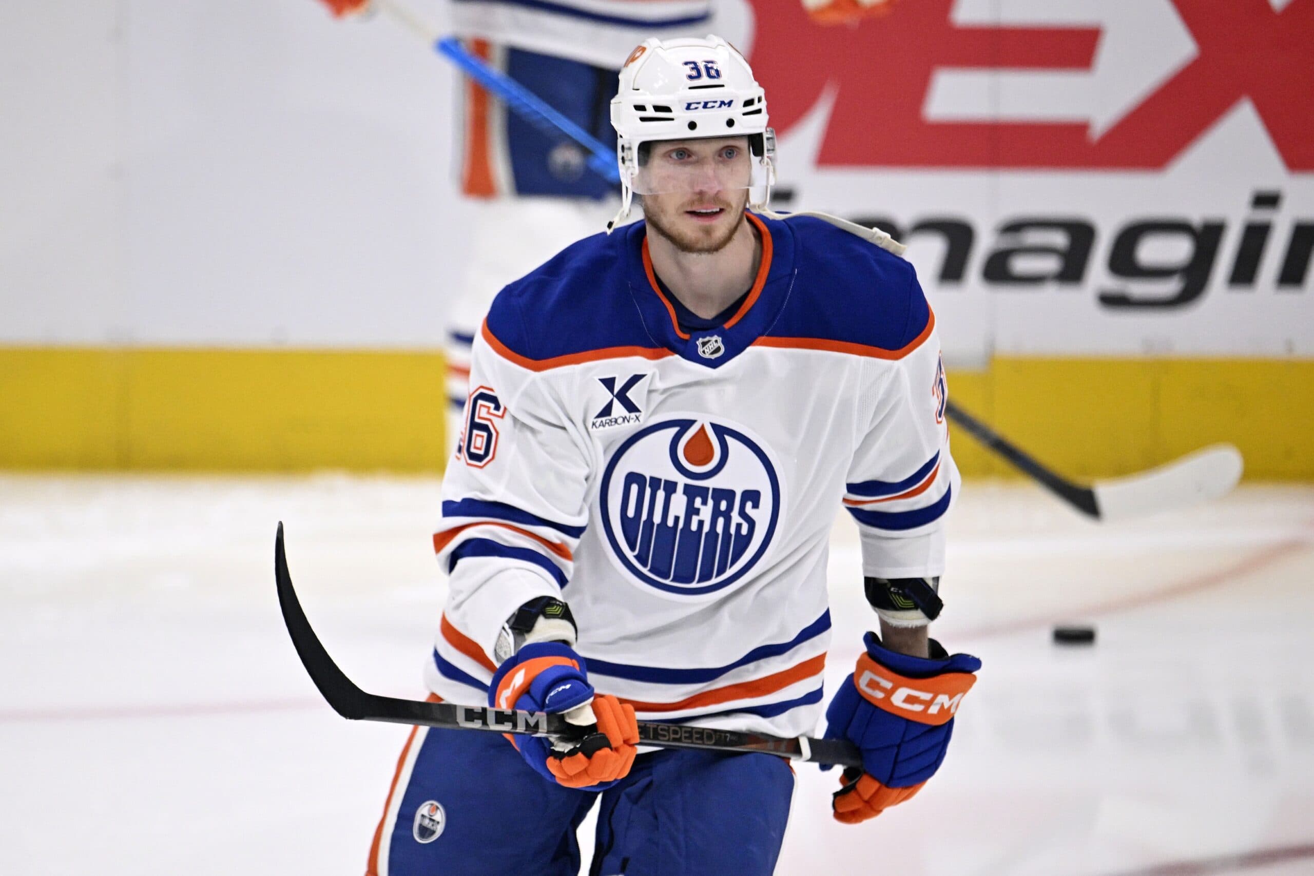 Edmonton Oilers defenseman John Klingberg (36) practices before game one of the Western Conference Final of the 2025 Stanley Cup Playoffs at American Airlines Center.