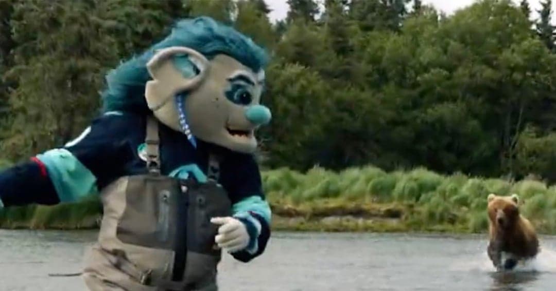 Seattle Kraken mascot gets chased by a bear during video shoot