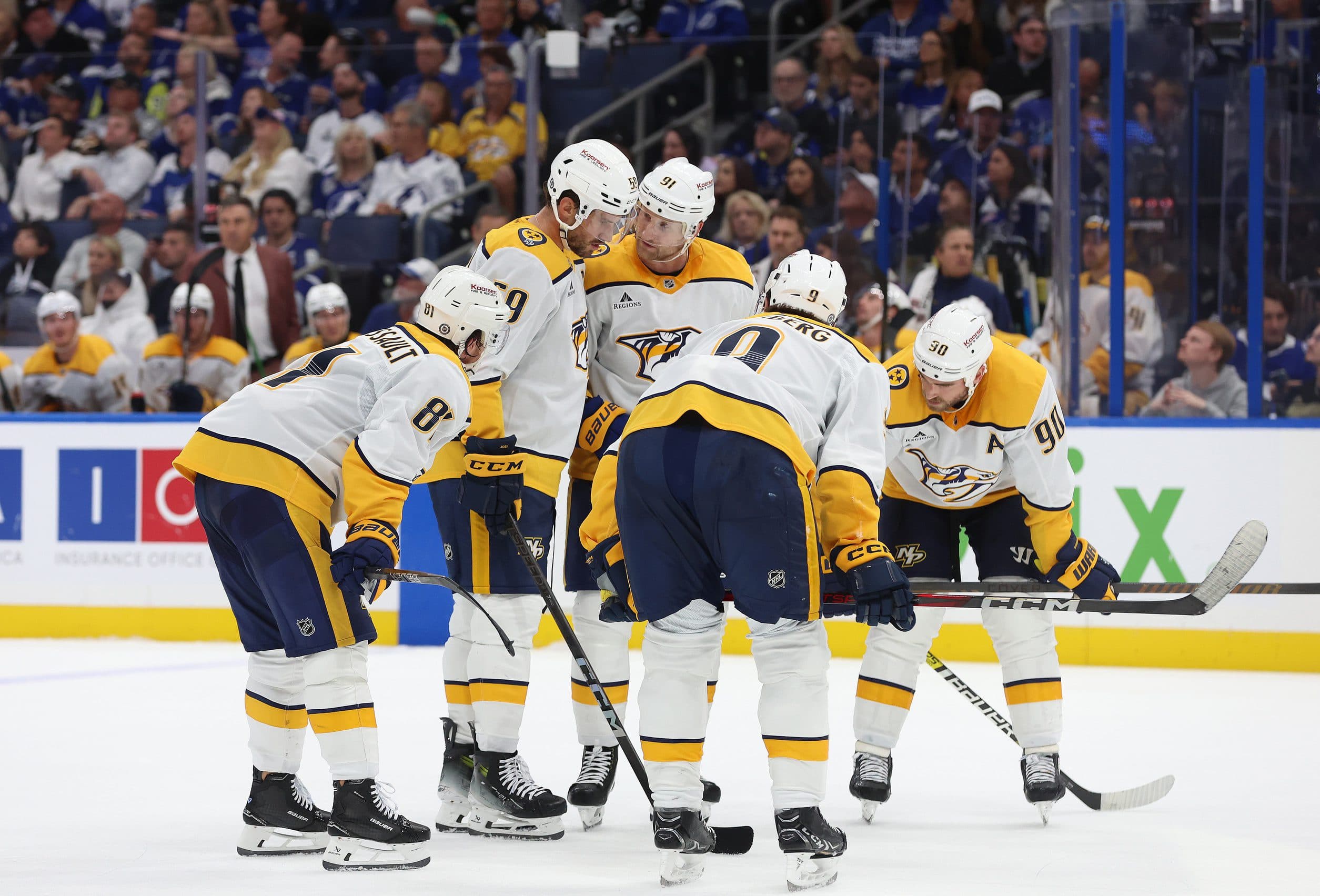 Nashville Predators center Steven Stamkos (91), defenseman Roman Josi (59), center Jonathan Marchessault (81), left wing Filip Forsberg (9) and center Ryan O'Reilly (90) talk during the second period against the Tampa Bay Lightning at Amalie Arena.