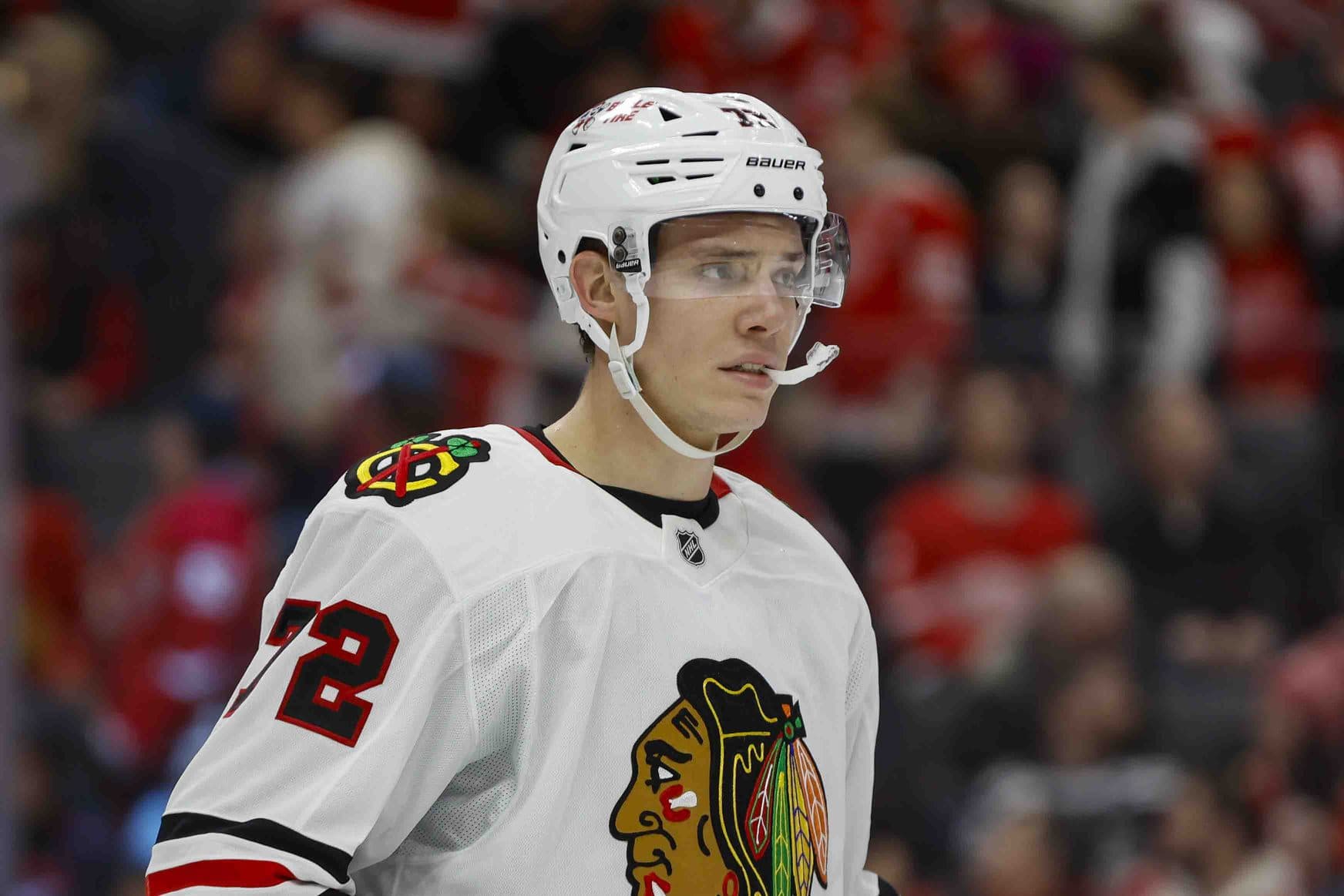 Chicago Blackhawks defenseman Alex Vlasic (72) looks on during the second period against the Detroit Red Wings at Little Caesars Arena.