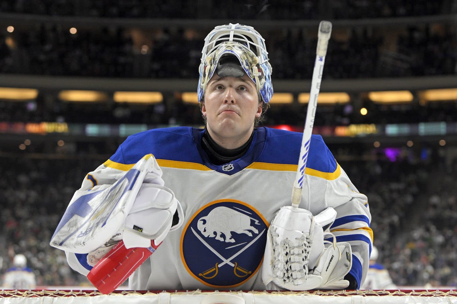 Buffalo Sabres goalie Ukko-Pekka Luukkonen (1) takes a breather against the Minnesota Wild during the third period at Xcel Energy Center.