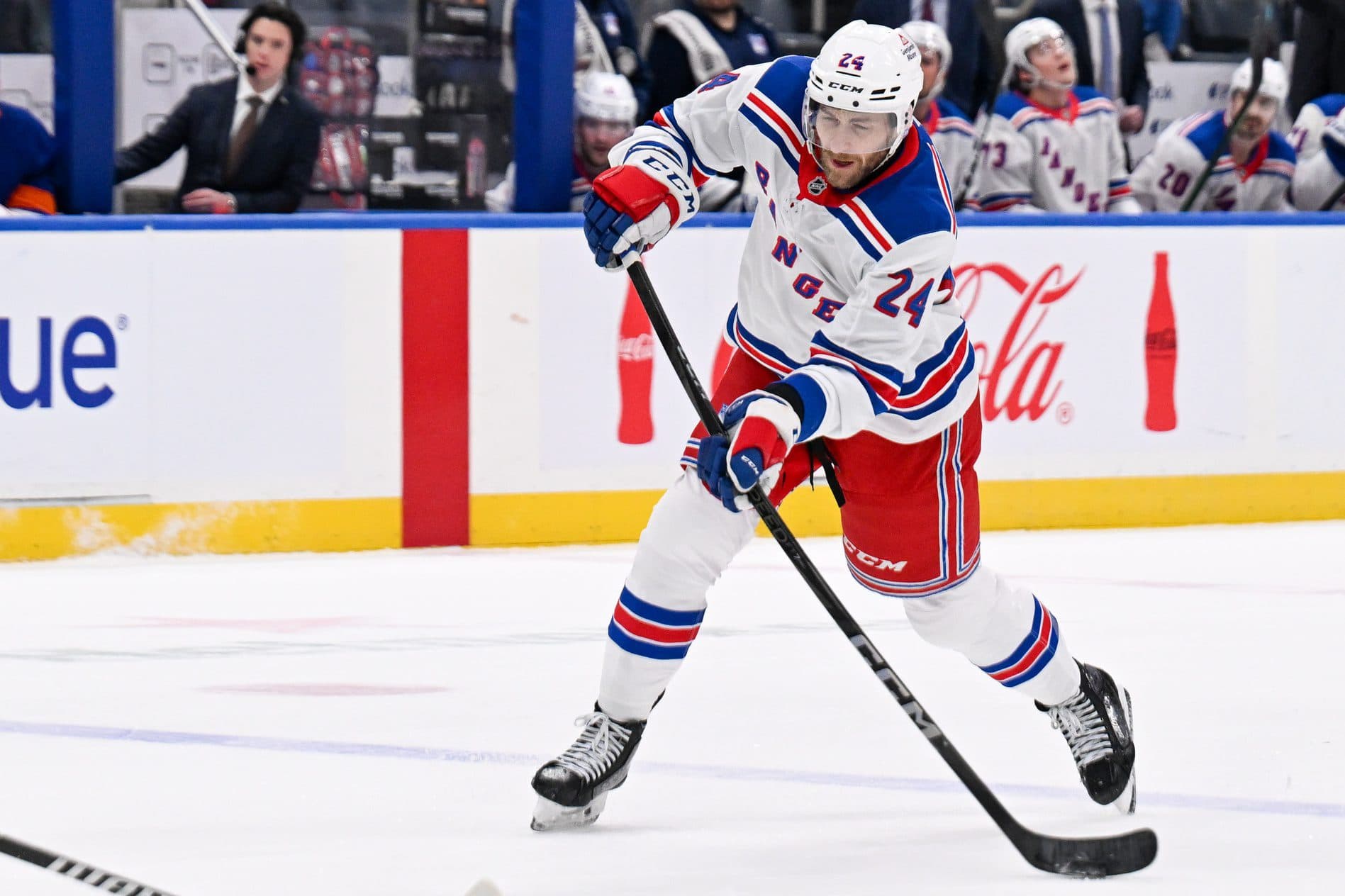 New York Rangers defenseman Carson Soucy (24) attempts a shot against the New York Islanders during the first period at UBS Arena.